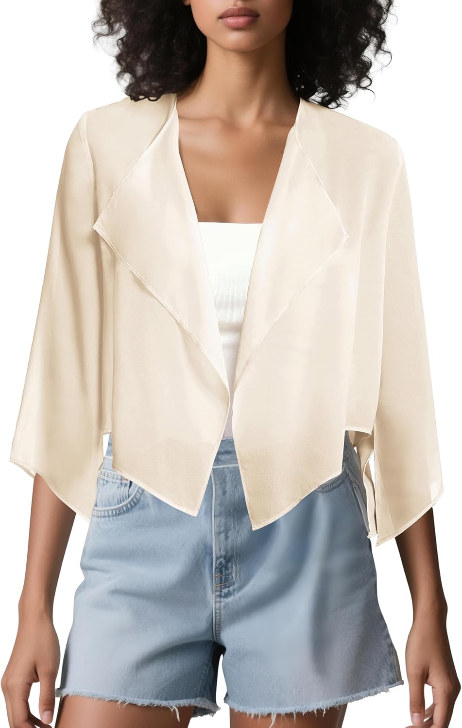 Urban CoCo Women's Chiffon Shrug Cardigan Open Front 3/4 Sleeve Drape Irregular Hem Bolero Summer Cover Up - Image 2
