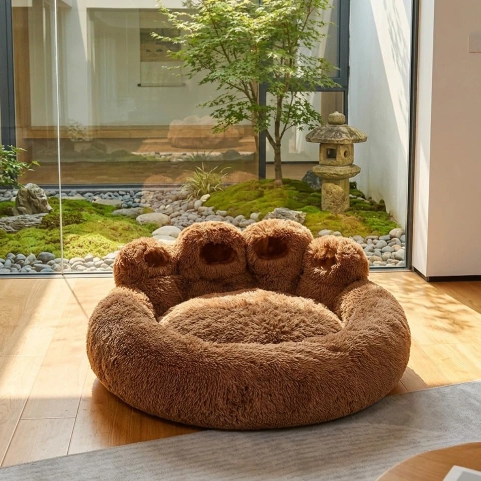 Dolce Vari Fluffy Calming Dog Bed Bear Paw Shape Plush Pet Bed Soft Cozy Sleeping Cushion For Small Medium Large Dogs & Cats (Coffee Brown, 70 c m)