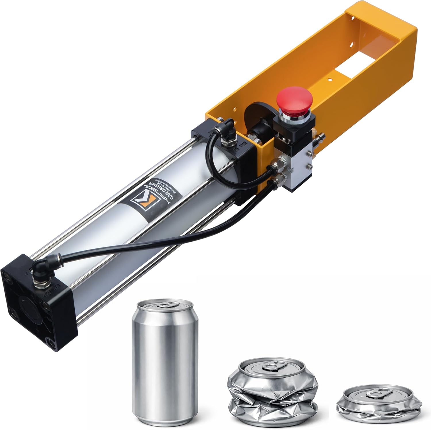 Yellow Hand Valve Aluminum Can Crusher, Heavy Duty Pneumatic Cylinder Soda Beer Can Crusher for Recycling and Crushing 12 oz and 16 oz Cans
