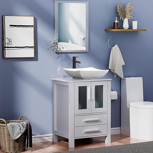 Miniatura 9 de UEV Tocador de baño gris de 24 pulgadas con fregadero de vidrio templado, grifo ORB y combo de espejo de alta definición, tocador de MDF con drenaje