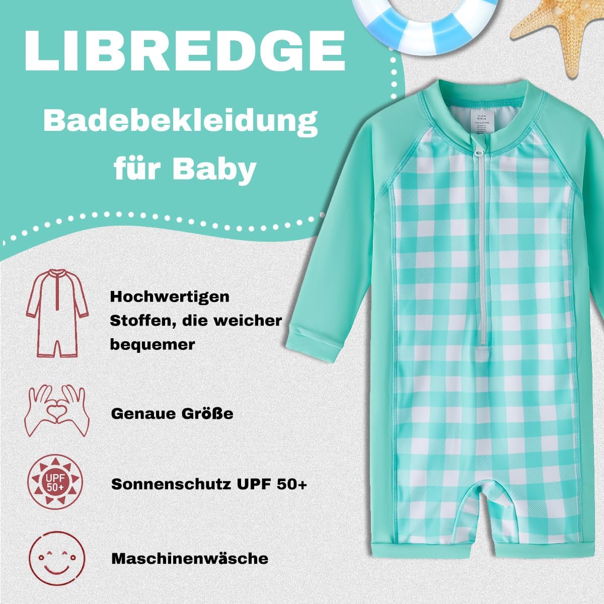 Baby Girls Long Sleeve One Piece Swimsuit Infant Rash Guard Swimwear Zipper UPF 50+ Sun Protection - Image 4