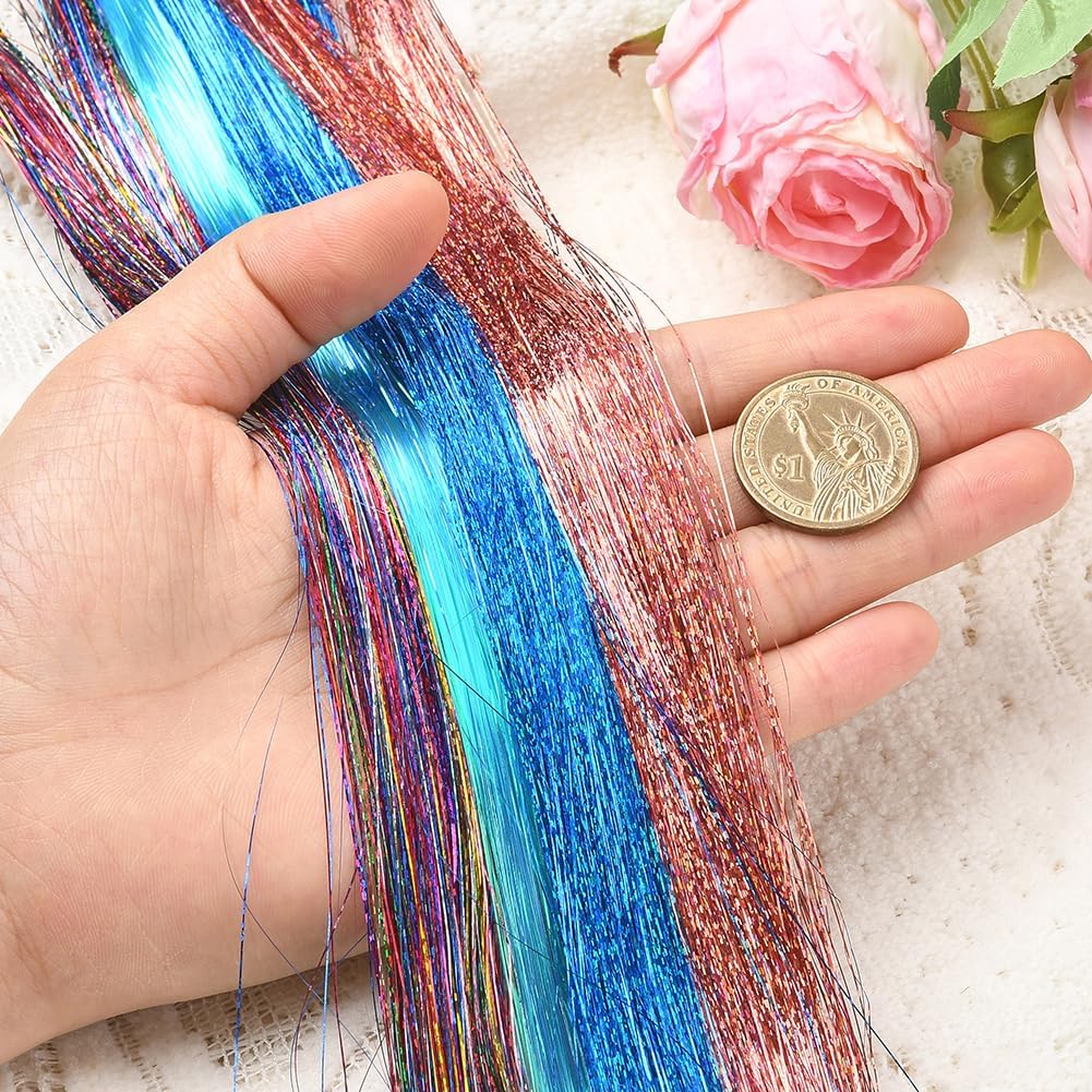 12 Colors 12Pcs 48 Inch Sparkling Tinsel Hair Extensions Colorful Tinsel Hair Strands Bulk Shiny Glitter Fairy Tensile Strands for Birthday Halloween Christmas New Year Party Women Adults