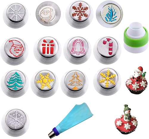 Airlxf Juego de 13 boquillas de glaseado para tartas de Navidad, 1 acoplador y 1 bolsa de pastelería desechables para decoración de cupcakes