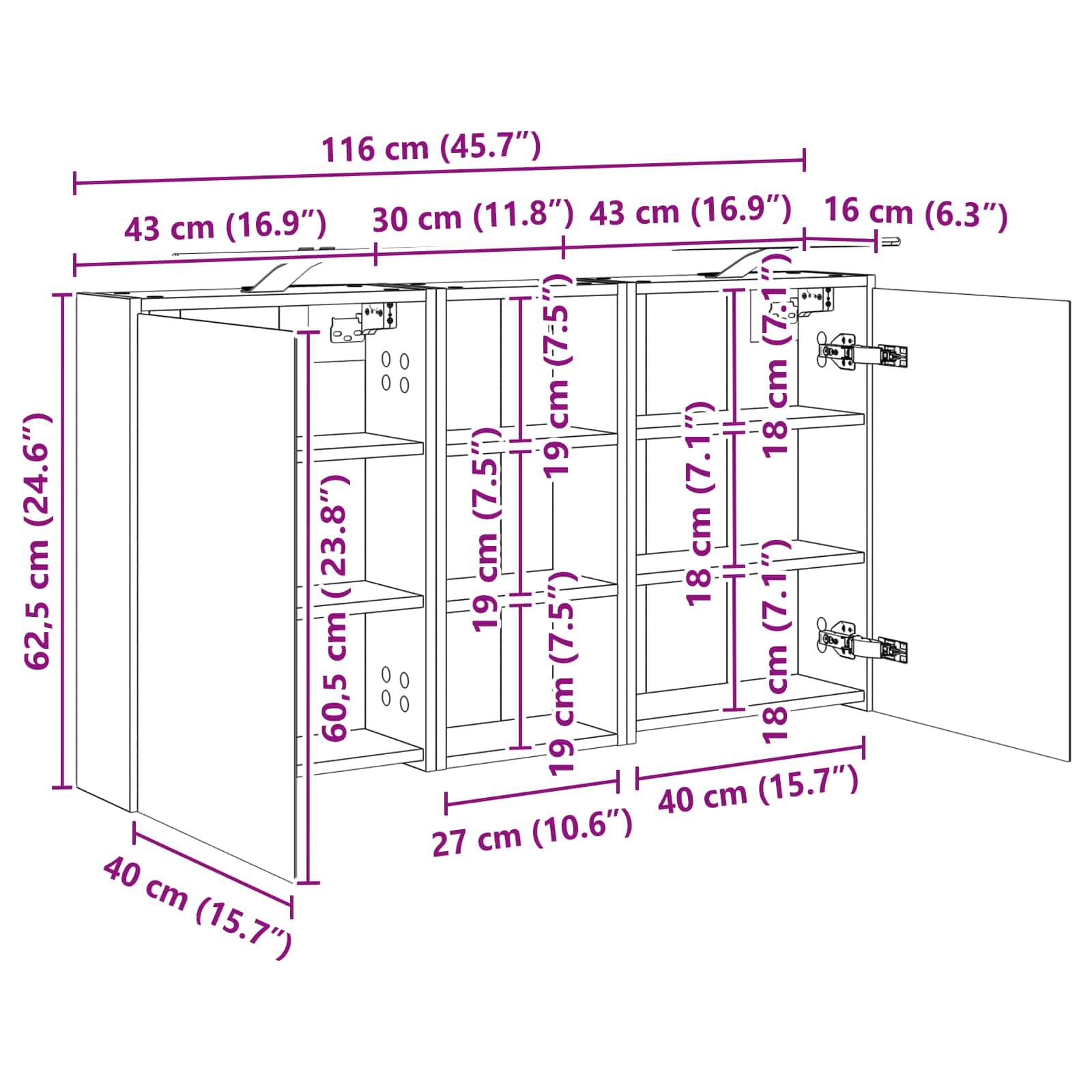 3-częściowy zestaw szafek łazienkowych z oświetleniem LED 116 x 16 x 62,5 cm, montaż na ścianie, miejsce do przechowywania i półka na meble łazienkowe, umywalkę, szafka pod umywalkę, zajmuje