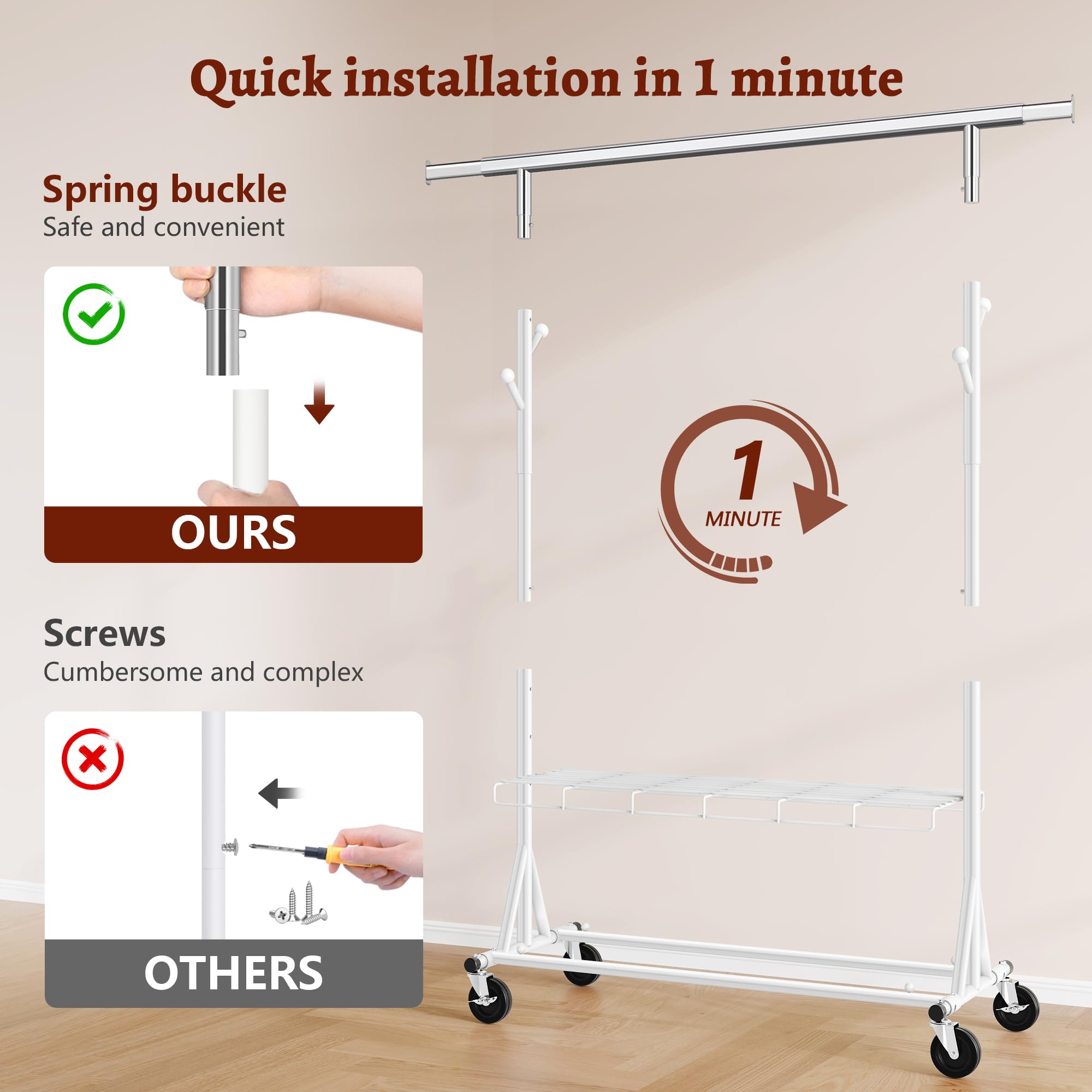 FAVOOSTY Perchero de ropa resistente, Extensible y ajustable, Perchero con ruedas y estantes bloqueables para dormitorio, Sala de estar, Hasta 150 kg, Blanco