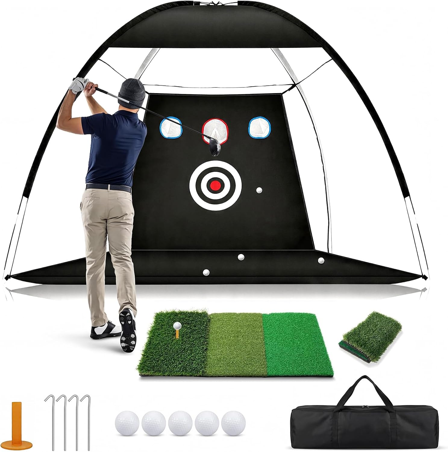 Golf Practice Net with Mat 10x7ft, Hitting Net for Backyard Outdoor Driving & Chipping, Heavy Duty Training Equipment for Home Garage Setup, Portable Golf Net with Target for Men Dad Gift