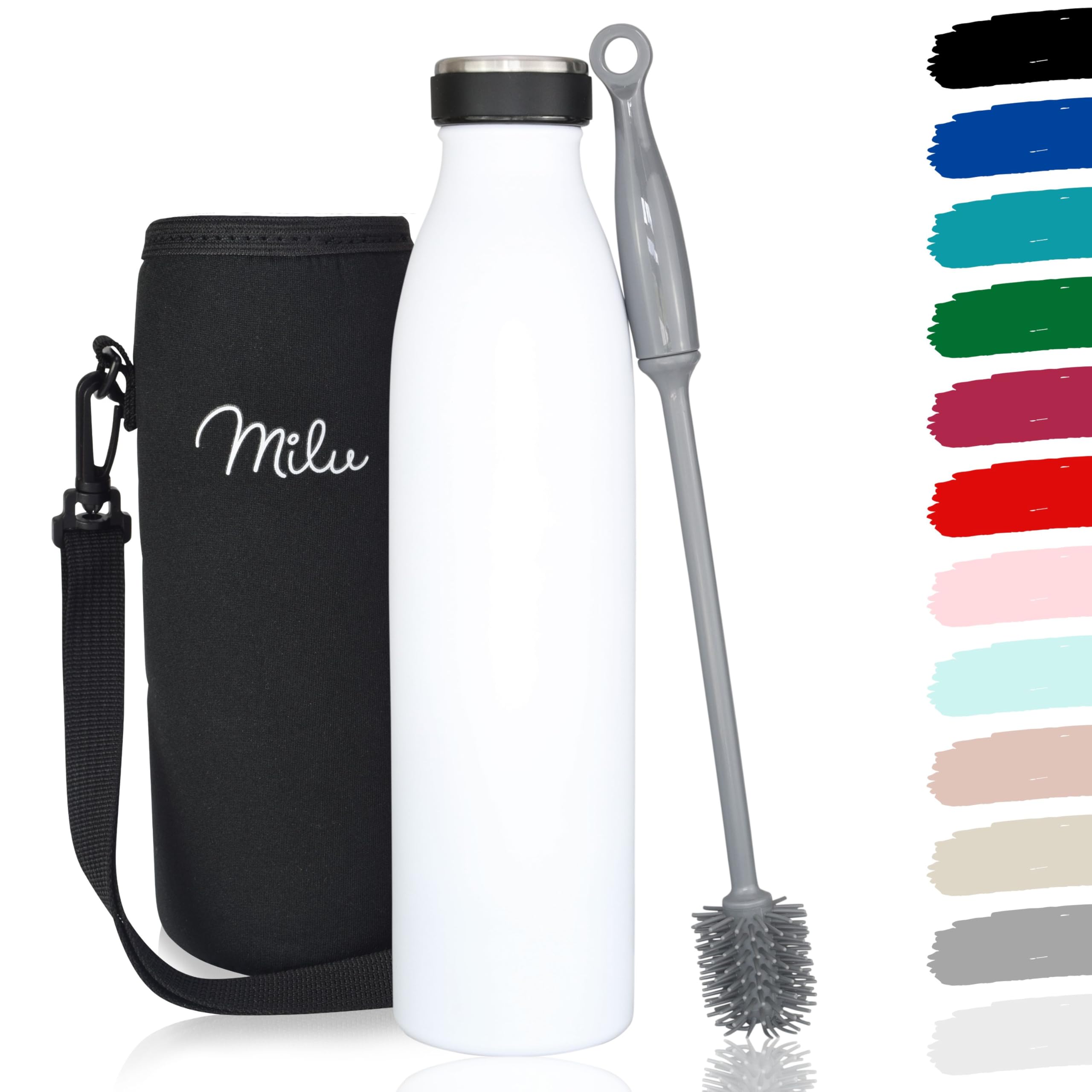 Milu Botella de acero inoxidable 350 ml, 500 ml, 750 ml, 1000 ml, botella de agua aislada, termo a prueba de fugas, apta para ácido carbónico, incluye cepillo de limpieza (granito, 750 ml) — view 41