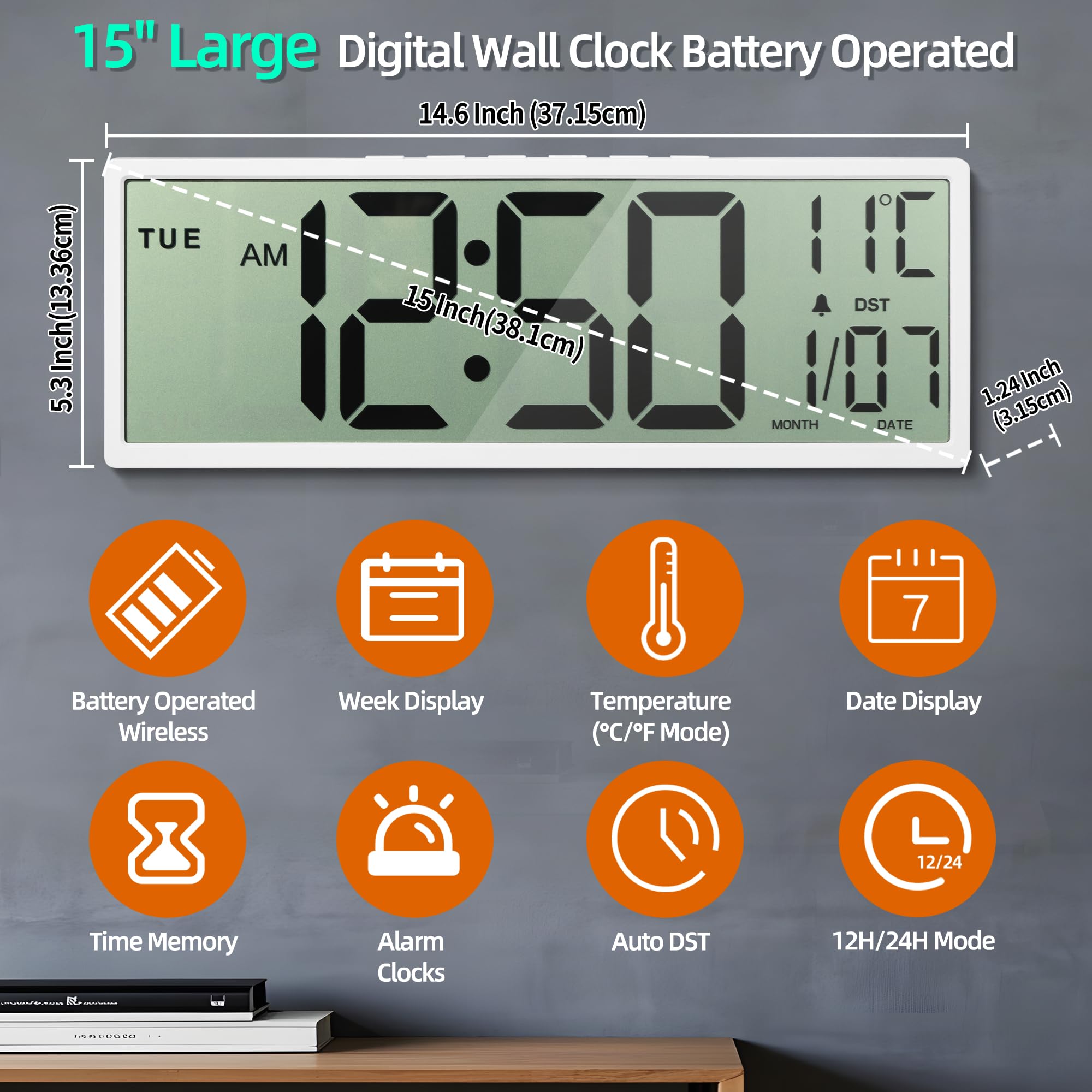 Mee 2ou Orologio Da Parete Digitale, 15" Orologio Digitale Da Parete Grande Con Data E Giorno Della Settimana, Temperatura, Cambio Automatico Dell'Ora Legale, 12/24 Ore, Allarme, Funzione Snooze