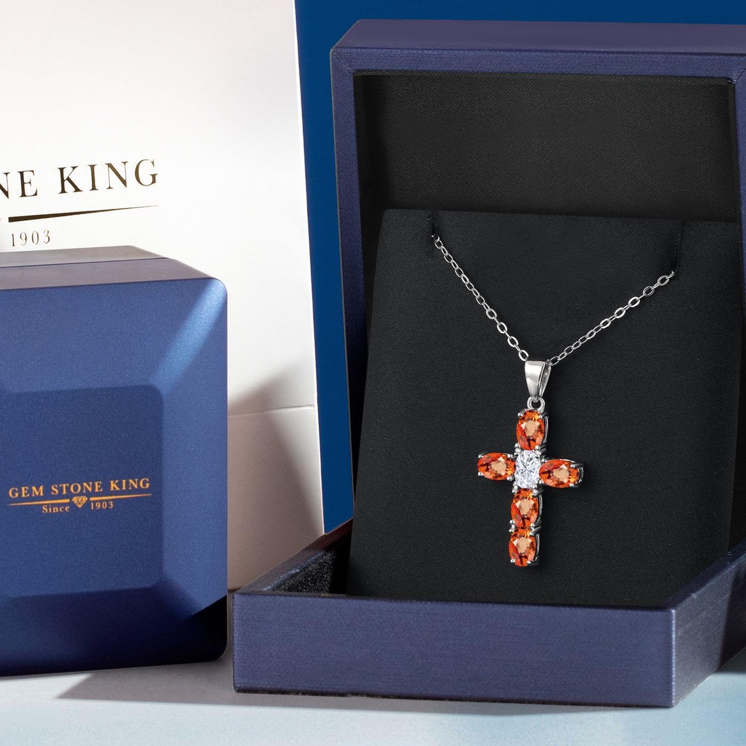 Gem Stone King 925 Sterling Silver Orange Sapphire and White Moissanite Cross Pendant Necklace for Women | 3.25 Cttw | Gemstone September Birthstone | Oval 6X4MM | With 18 Inch Chain - Image 5
