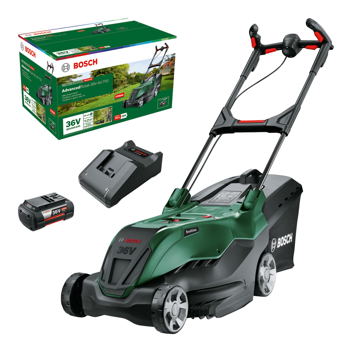 Bosch leistungsstarker Akku-Rasenmäher AdvancedRotak 36V-44-750 (zum Rasenmähen; 36-Volt-System; Schnittbreite: 44 cm; Set, mit 1x 4.0 Ah- Akku und Ladegerät)