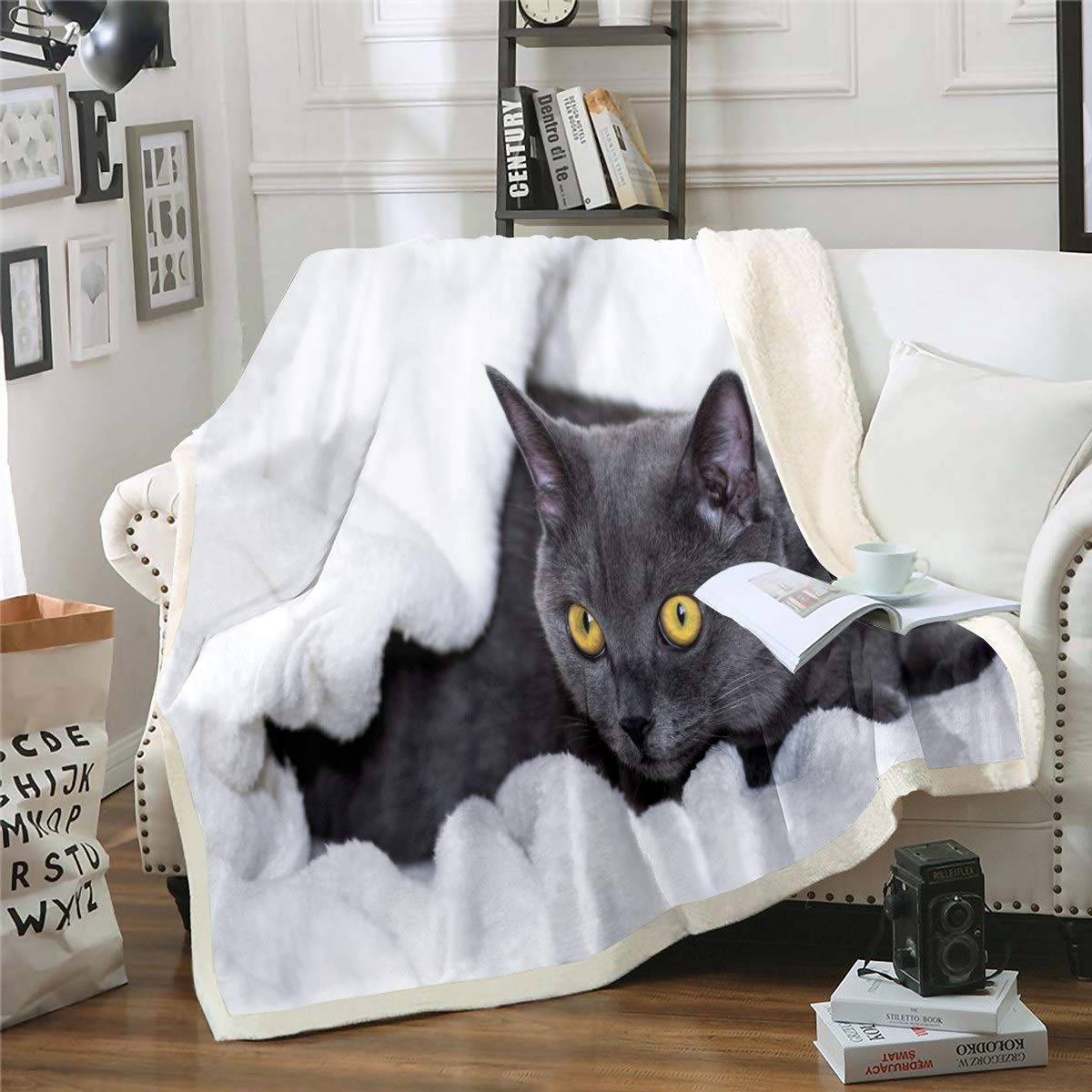 Loussiesd Multicolored 11200 Cat Sherpa Blanket Cute Kitten Print Fleece Throw Blanket For Sofa Bed Couch Adult 3D Animal Theme Fuzzy Blanket Cat Lover's Gift Plush Blanket Room Decor Double 60"X79"