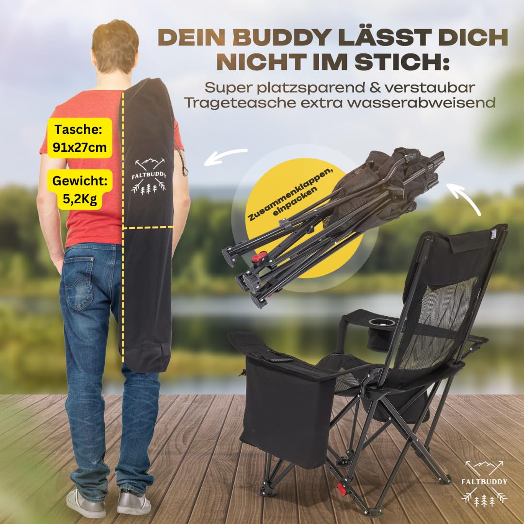 Campingstuhl faltbar & Liegestuhl klappbar 2in1 180Kg schwarz [XXL Kühltasche] Faltstuhl I Klappstuhl I Angelstuhl Campingliege Strandliege klappbar leicht - Angler Strand Festival Outdoor