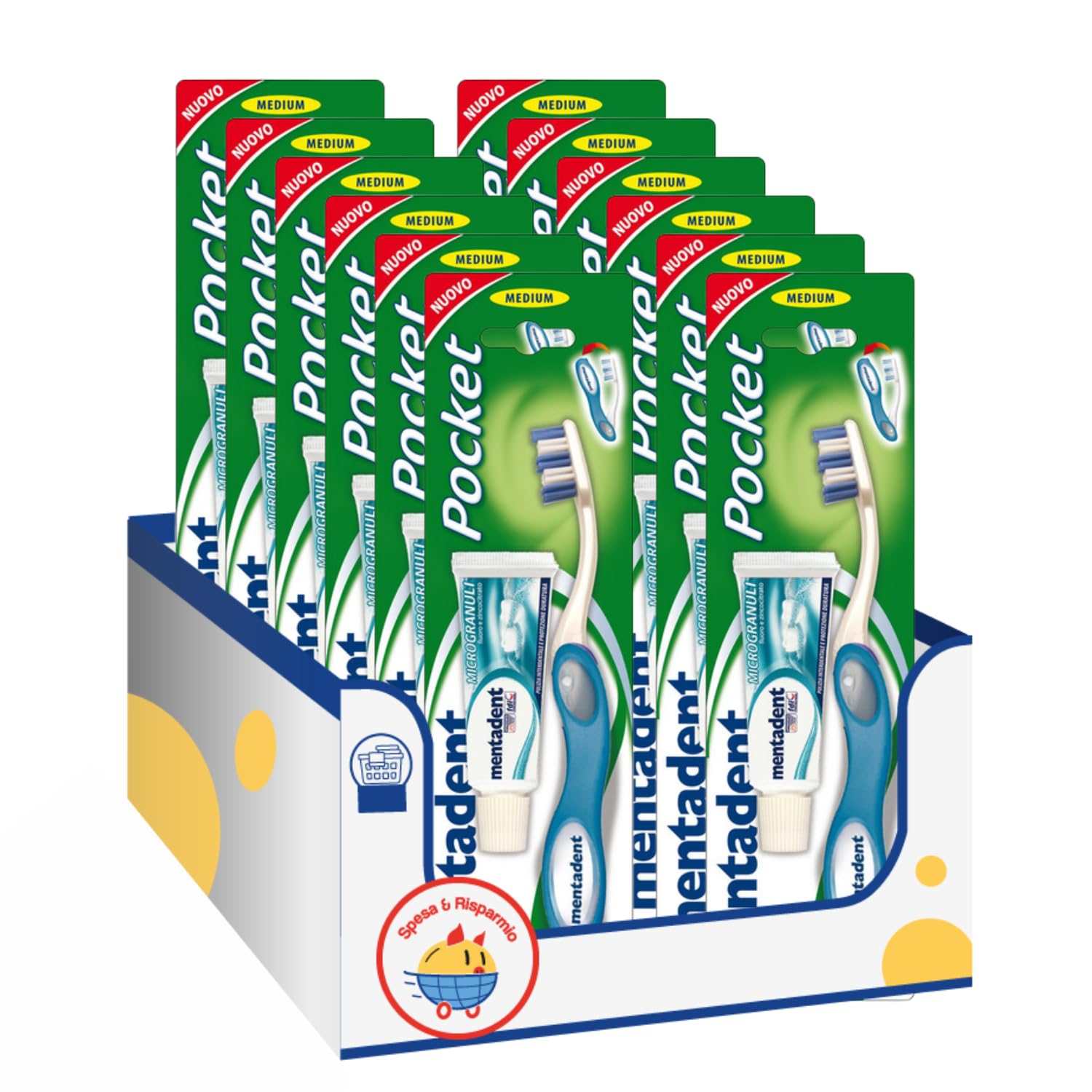 Mentadent Spazzolino Pocket da Viaggio – Compatto e Pieghevole kit con Spugna Brandizzata SPESA & RISPARMIO Inclusa – Variazioni 4/8/12 Pezzi (12)