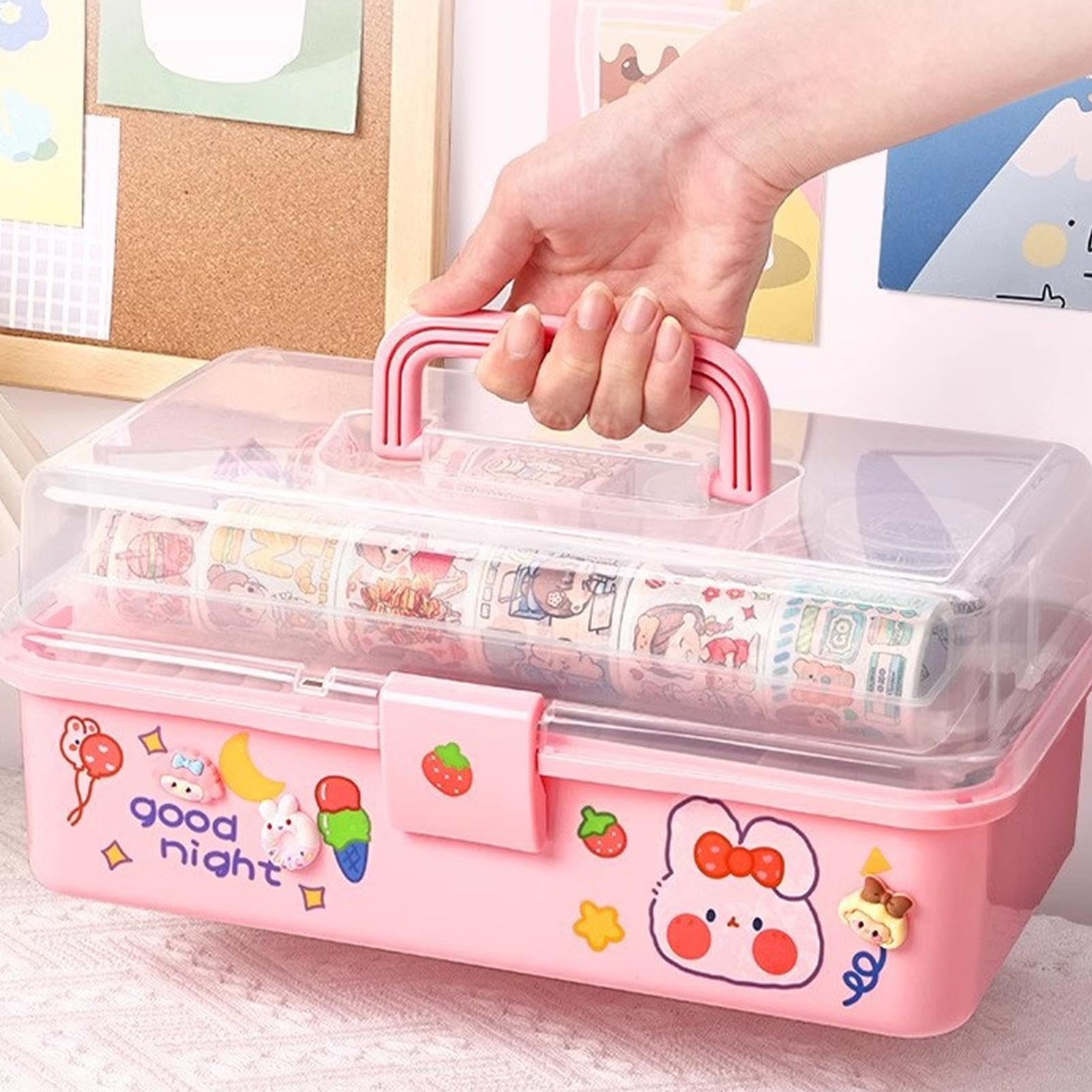 Stationary Organizer Box, Handled Storage Box Pink, Portable Stationary Tool Organizer, Multi-Layer Clear Organizer Box, Medicine Storage Box With Handle, Compact School Supply Organizer Box