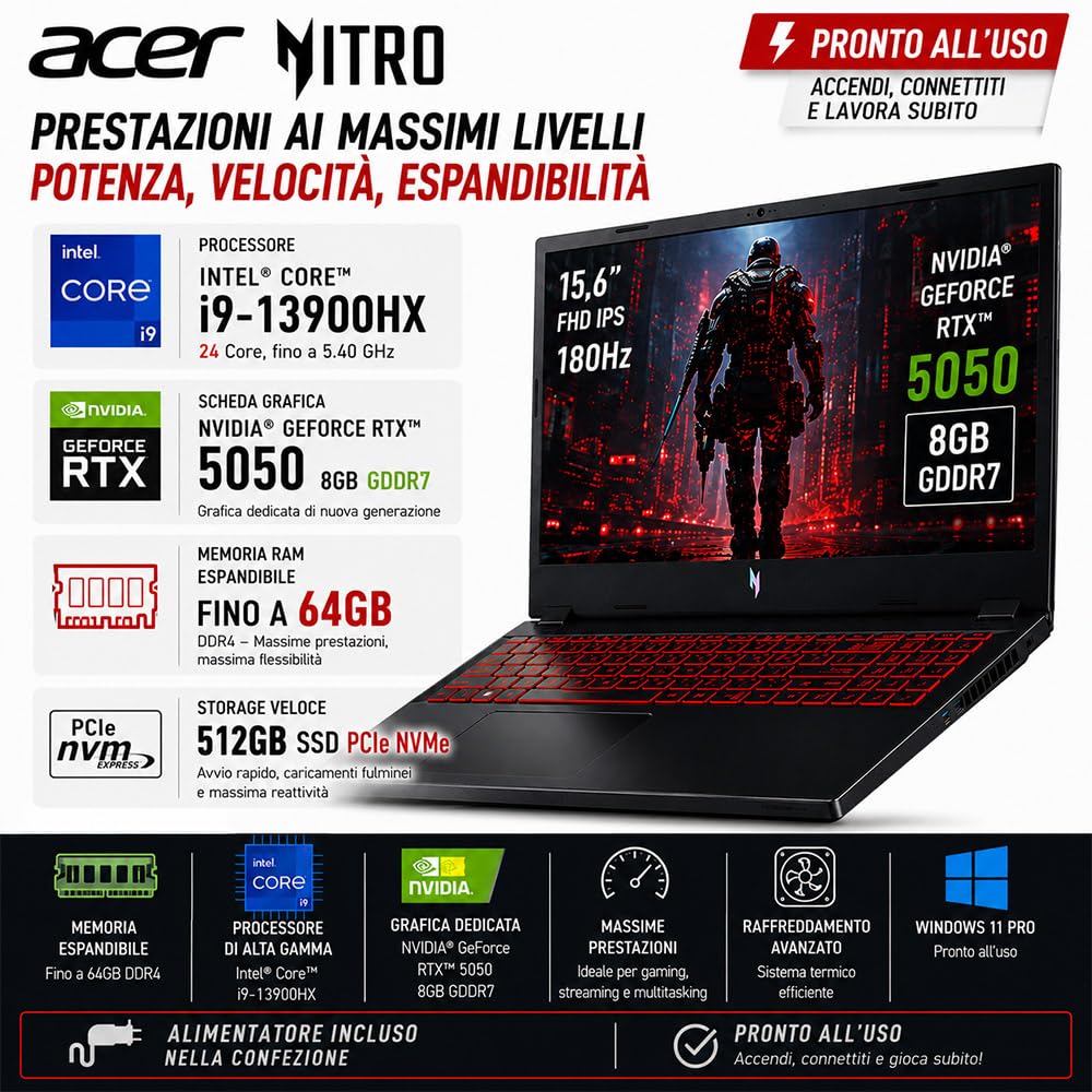 Acer Nitro Notebook Gaming Intel Core i9 13900H Display 15,6" FHD IPS 180Hz | Ram 16GB, SSD 512GB, 180Hz, NVIDIA GeForce RTX 5050 8GB GDDR7, Tastiera Retroilluminata, ready to Use, Include alimentatore