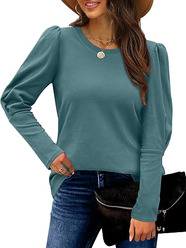 Geifa Sudaderas para mujer cuello redondo manga abombada suéteres casuales ligeros