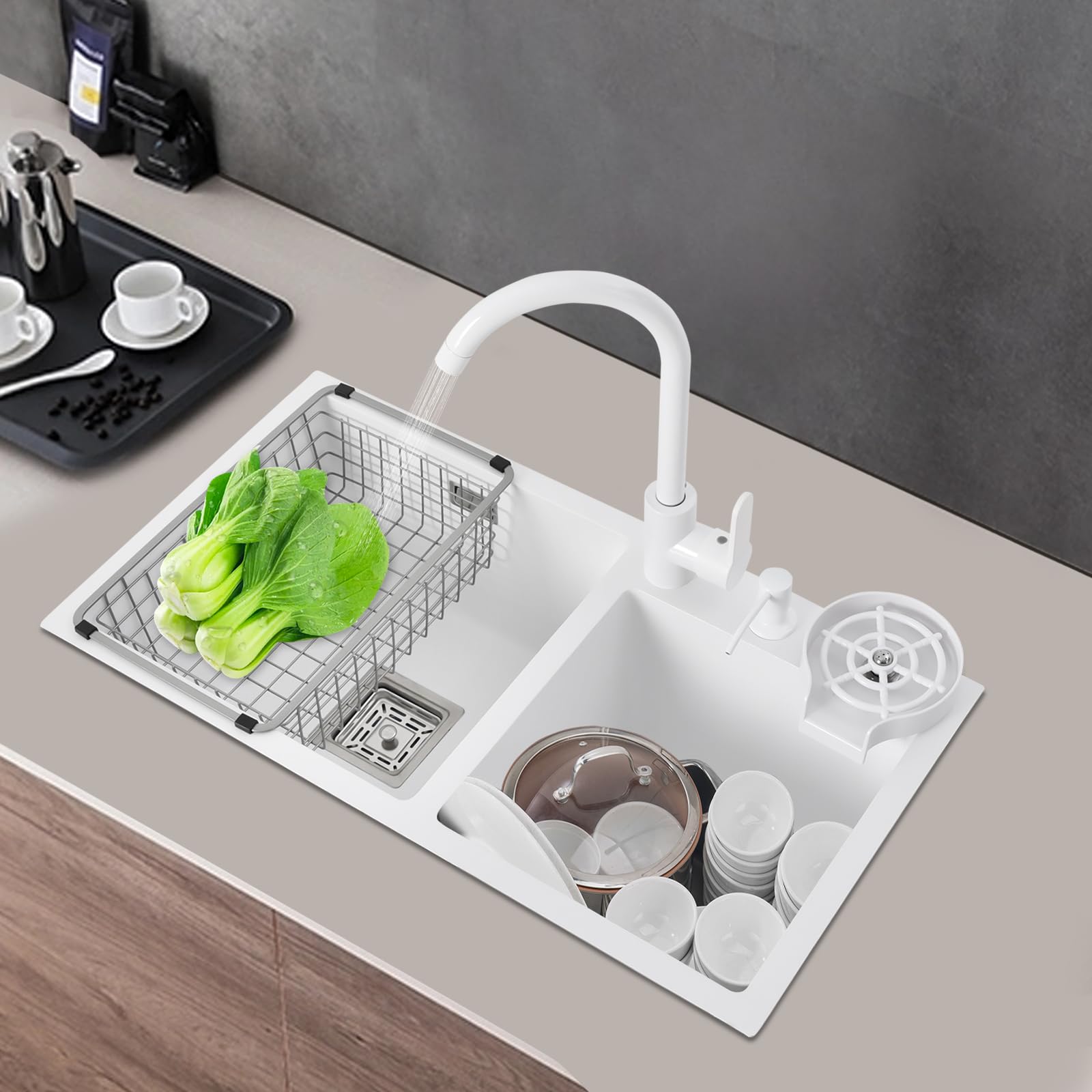 2 lavelli da cucina, 71 x 38 x 21 cm, colore bianco, in acciaio inox, con rubinetto per acqua calda e fredda, rettangolare, con sgocciolatoio, set di lavello da incasso, per appartamenti, ristoranti