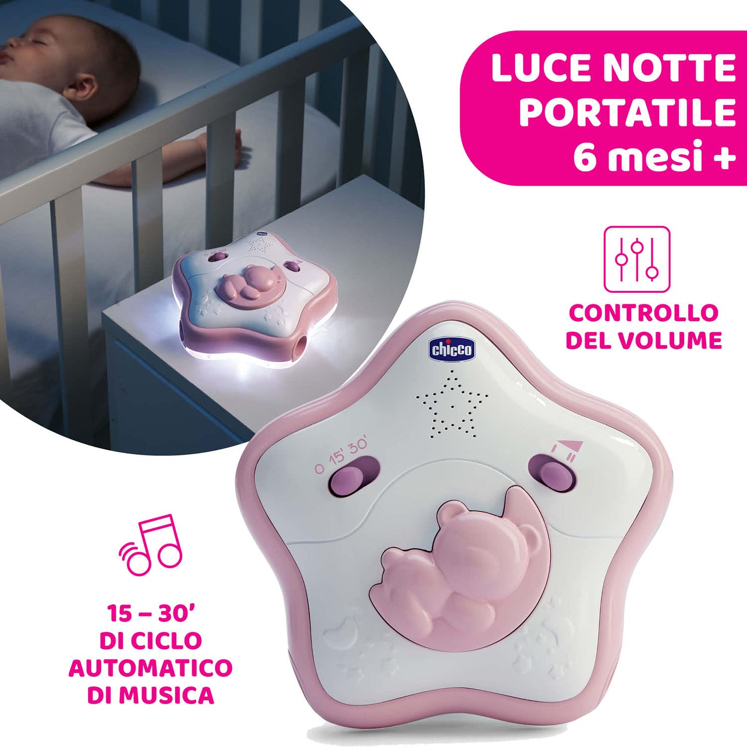Chicco Arche Arc en Ciel Jeu de Développement 2 en 1 Compatible avec le Lit Next2Me, Panneau de Berceau avec Arche Arc-en-ciel et Veilleuse avec Musique et Pendentifs - Jouet Bébé 0+ Mois, rose