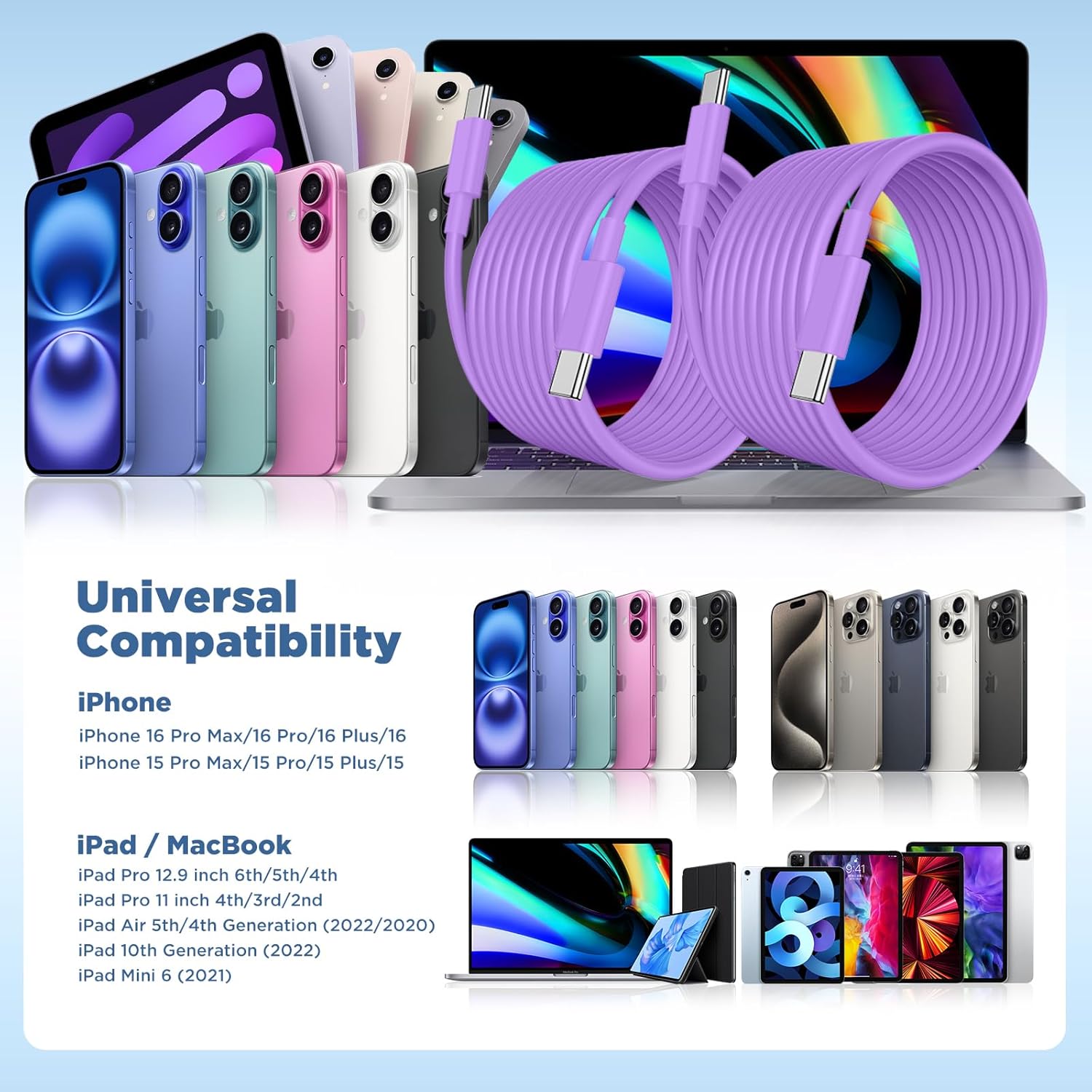 Long USB C to USB C Cable 15FT for iPhone 17 16 15 Pro Max,60W Fast Charging Type C to Type C Charger Cord for iPhone 17 16 15/16 15 Plus/17 Air/17 16 15 Pro, iPad Pro/Air,MacBook,Galaxy S25-Purple