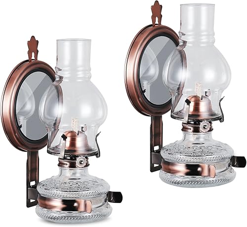 2 Pieces Large Wall Oil Lamp Vintage Glass Kerosene Lamp 7/8 Wick Antique Decorative Wall Mounted Oil Lamps for Indoor Use Emergency Lighting