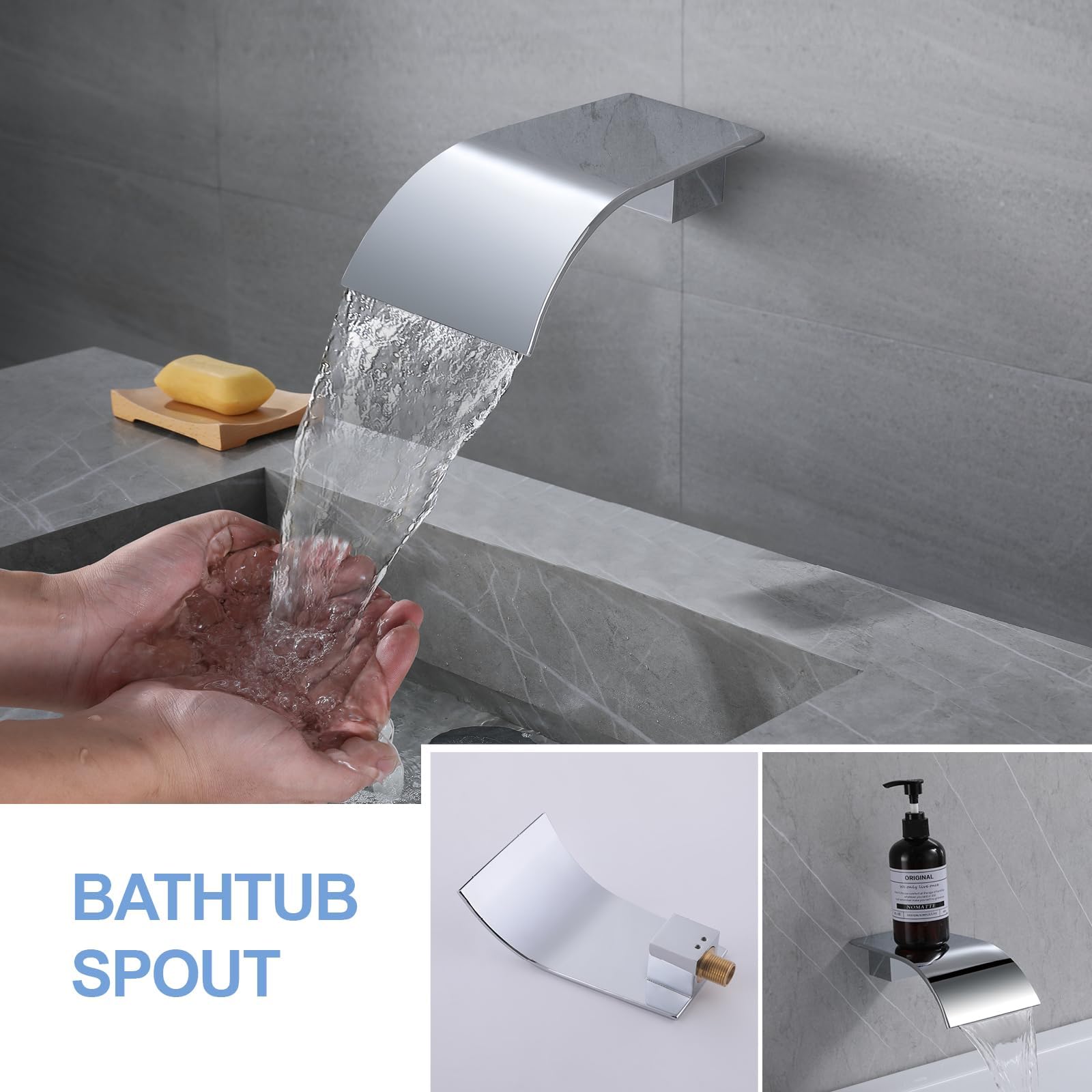 Bec de robinet de baignoire, pulvérisateur de robinet cascade à haut débit, robinet d'évier de navire, bec cascade de salle de bain, bec de douche de rechange attachmen, chrome