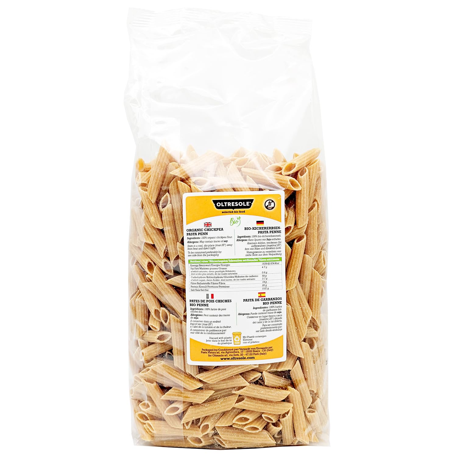 Oltresole, Italienische Bio-Kichererbsen Pasta, Penne 1kg, Proteinreiche Hülsenfrüchte-Pasta aus 100% Kichererbsenmehl aus Italienischem Bio-Anbau, Ballaststoffreich, Vegan Glutenfrei, Familienpackung