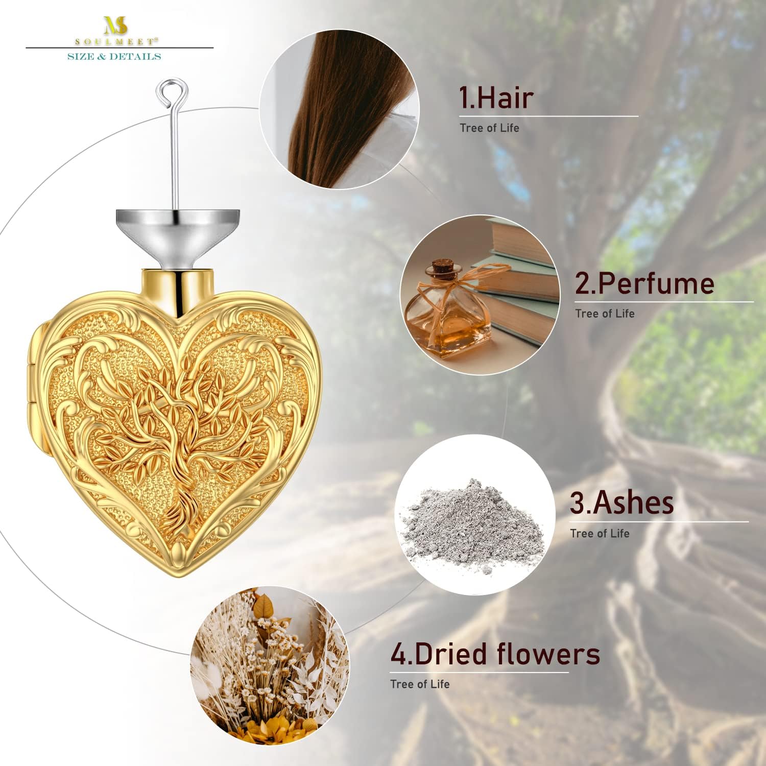 SOULMEET White Gold/Rose Gold/Yellow Gold Cremation Jewelry for Ashes, Custom Real Gold Tree of Life/Butterfly/Rose Heart Locket Necklace for Ashes to Keep Human Dog Cat in Memory - Image 5