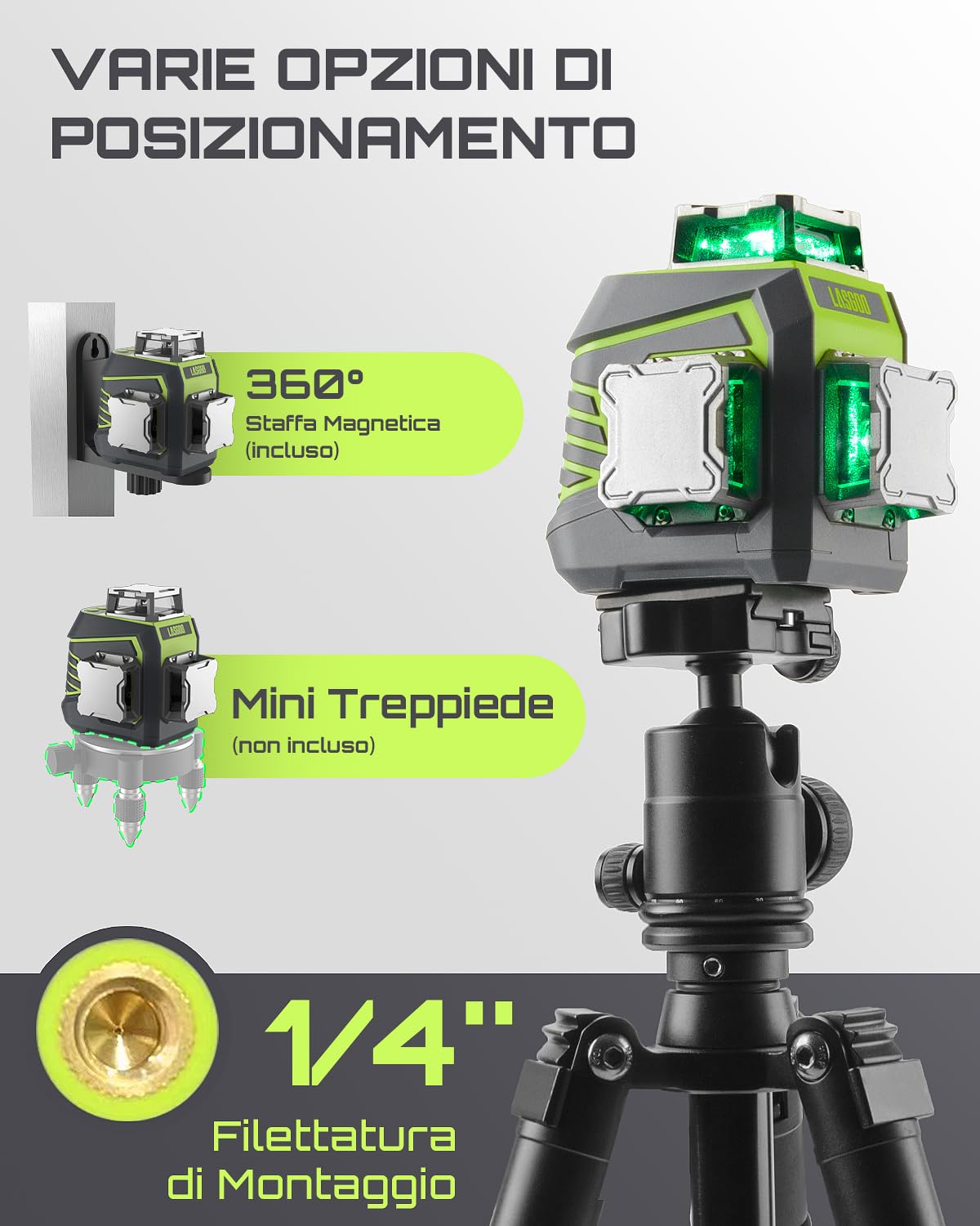 LasGoo Livella Laser Autolivellante 3x360°, Laser 3D a Linea Trasversale Verde per Costruzioni e Appendere Quadri, Batteria Ricaricabile, Telecomando, Supporto Rotante Magnetico Incluso - LG-3Dx