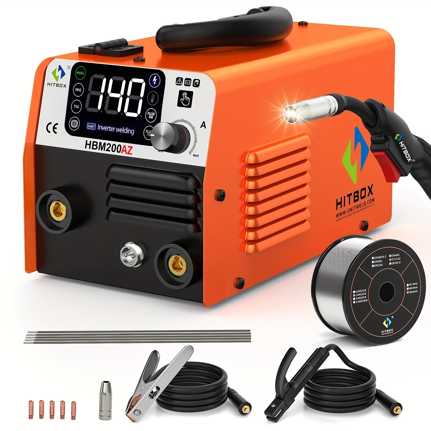 HITBOX 140A Mig Welder Machine 110v 3 in 1 Flux Core Welding/Lift TIG/Stick Gasless Wire Maquina de Soldar Upgraded Handheld Welder Gun Welding Kit High-End Chip with IGBT Inverter LED Display