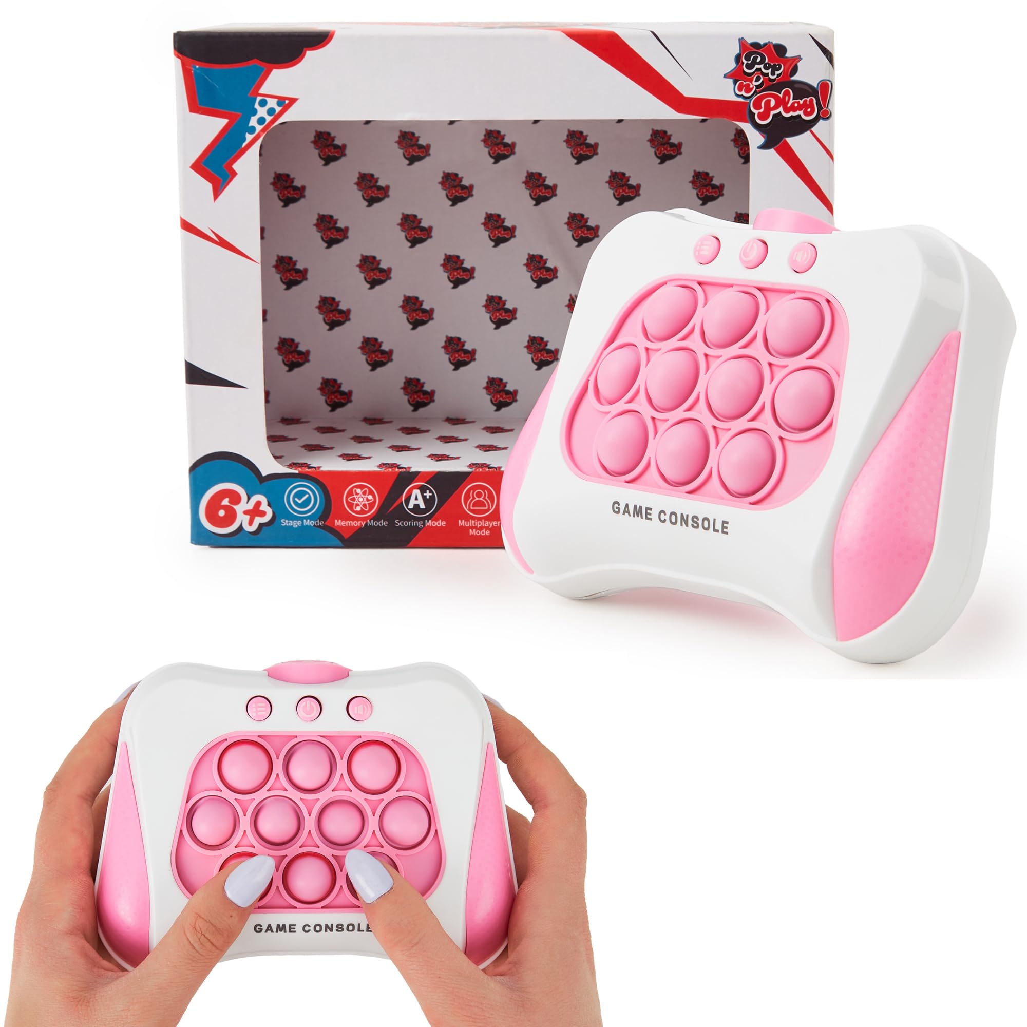 Electronic Pop n Play Puzzle Game Machine - Rose Pink | Light Up Handheld Game Toy, Multiple Modes for Ages 6-12 and Bubble Pop.