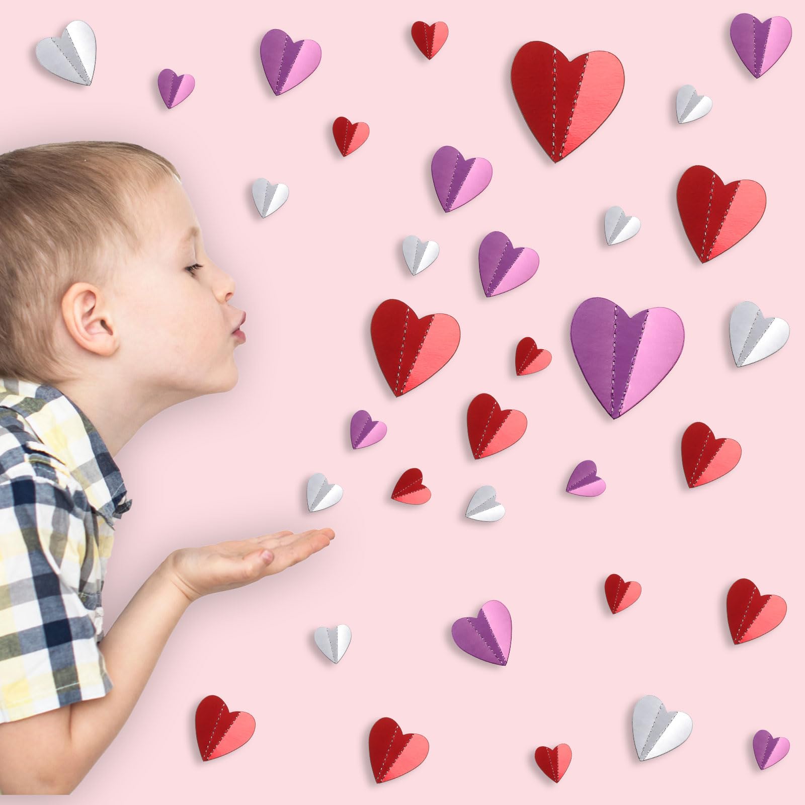 Geyoga 120 Pieces Valentine’s Day Heart Wall Stickers Decorations — 3D Heart Decals Paper Cuts for Bulletin Board Window Home Office Bedroom Wedding Party Decor (4 Sizes - Red, Pink, Silver)