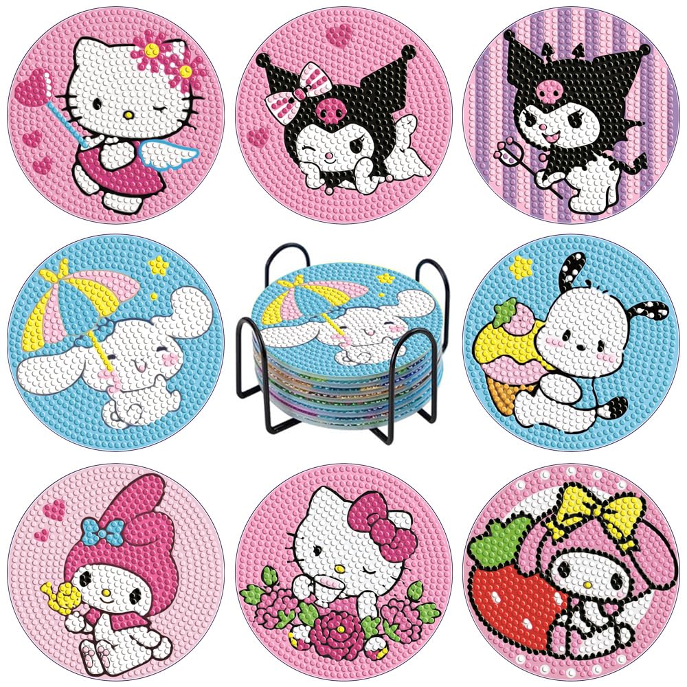 PERFECTSIGHT 8 Pcs DIY Diamond Art Painting Coasters with Holder, Cute Diamond Paint Coaster Kits for Adults, Kawaii Full Drill Diamond Art Craft Supplies, Paint by Number Non Slip Coaster, Animal