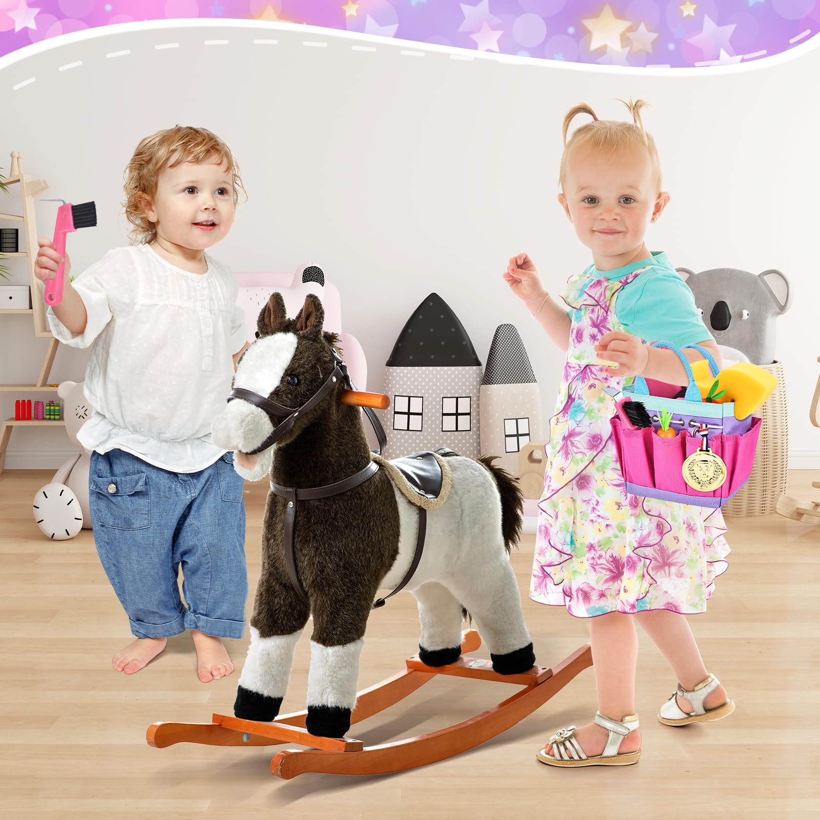 Joellfuner Set de Pansage Cheval, Jouet Accessoires pour Enfants, Equitation Soins Sac d'Équipement avec Brosse de Massage et Grattoir à Sabot