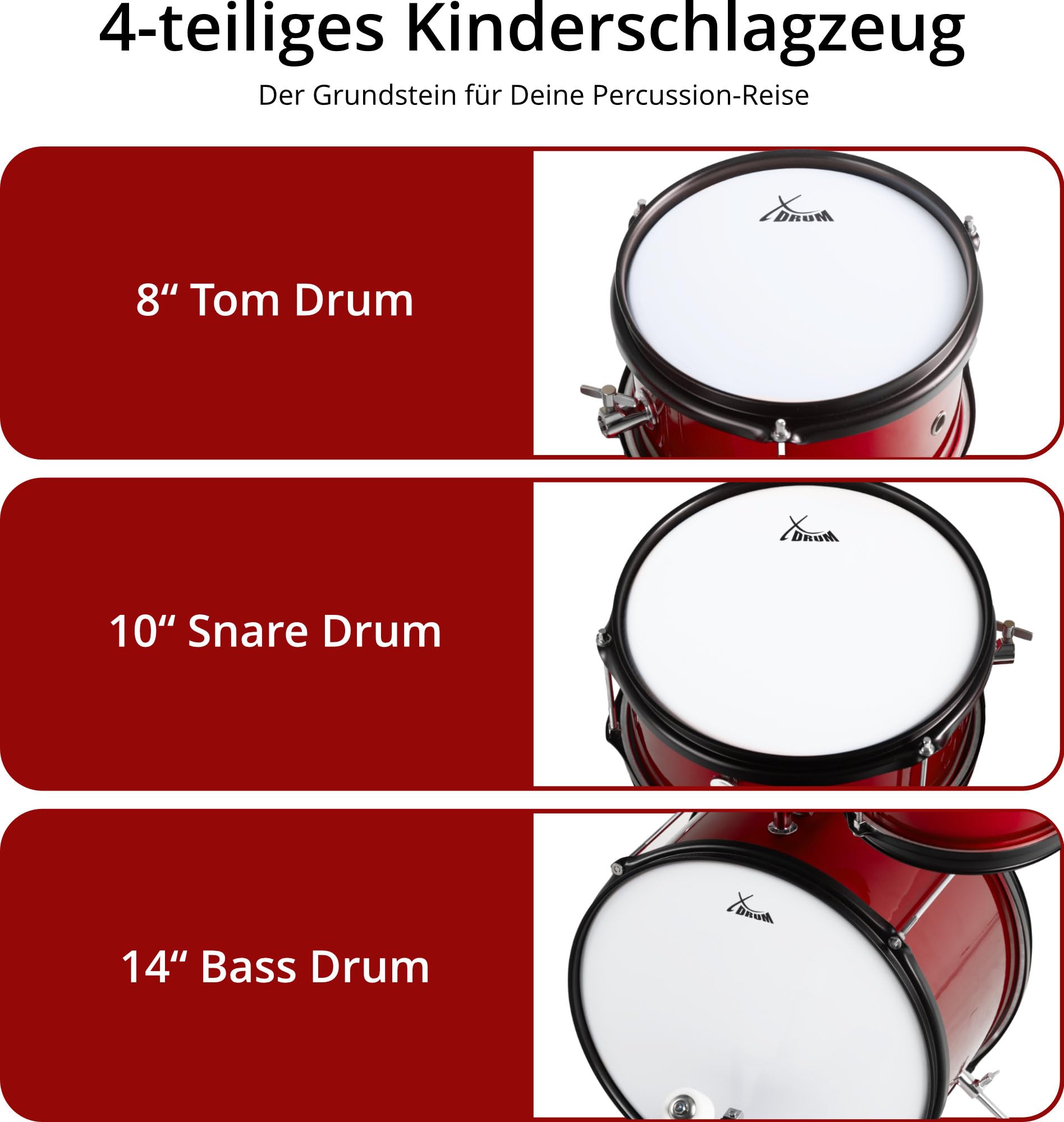 XDrum Junior KIDS Schlagzeug inkl. Schule - Kompaktes Kinderschlagzeug - Für Kinder im Alter von 3-5 Jahren - Kinderleichter Aufbau - Mit Schule, Hocker, Drumsticks & Stimmschlüssel - Rot
