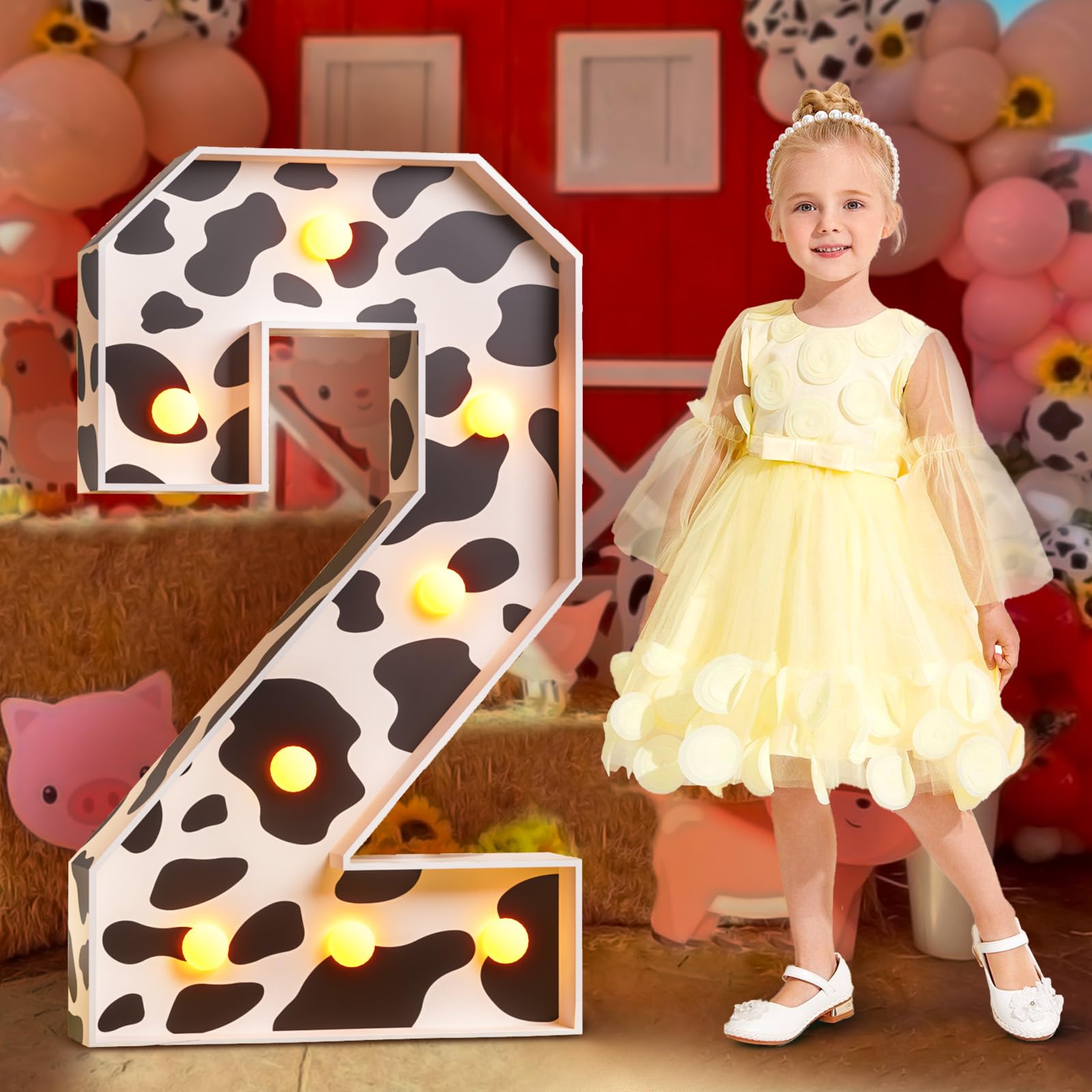 imprsv Marquee Numbers Cow 2nd-Birthday Decorations: 3ft Large Light Up Number 2 Moo Moo Im Two Birthday Decoration Favors Second Birthday Party Decor