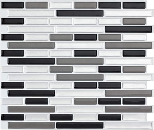 Miniatura 2 de Adhesivo de mosaico para despegar y pegar, azulejos de cocina, adhesivo de pared de baño, 11 x 9.25 pulgadas, diseño de mármol (negro blanco y gris