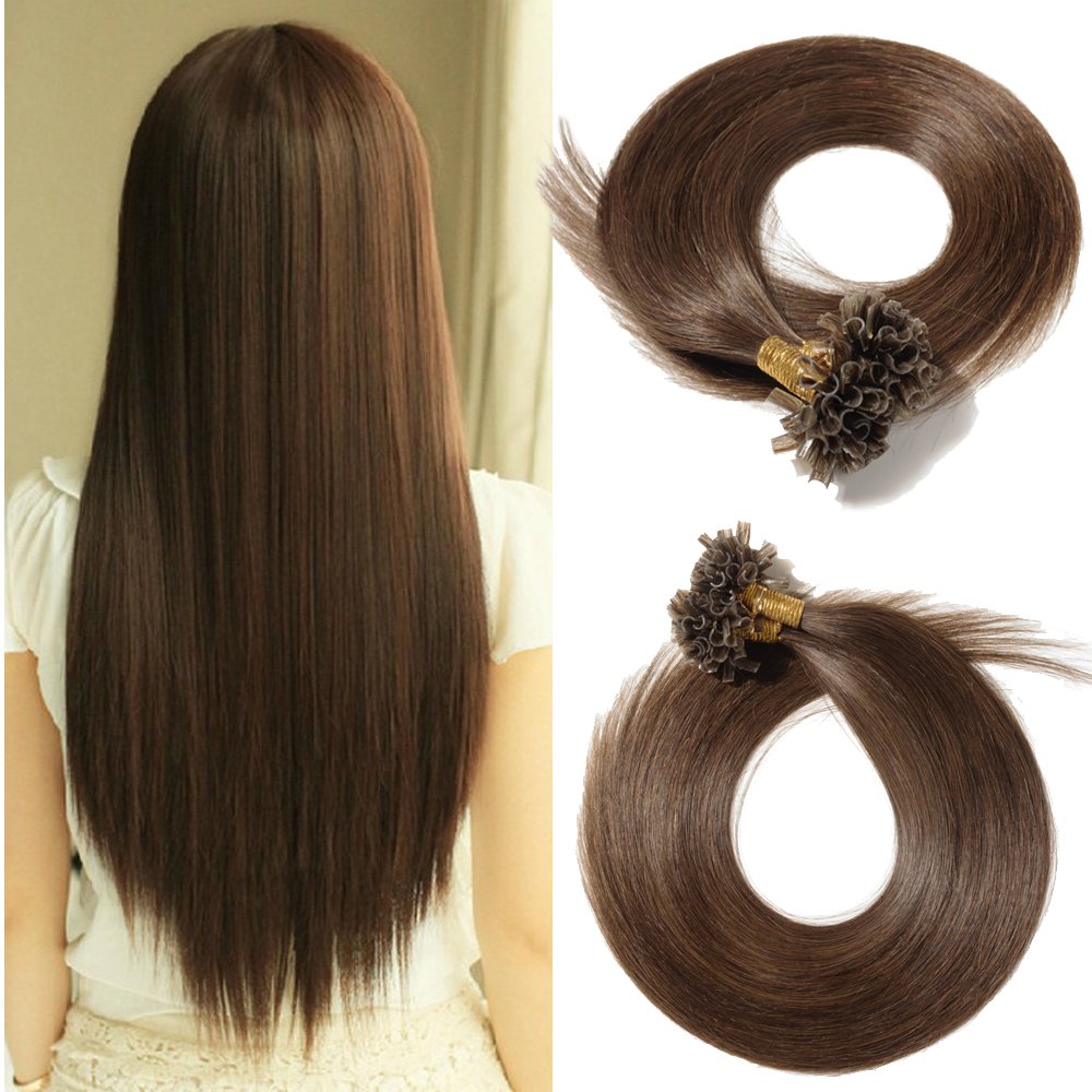 BenehairU Tip Human Hair Extensions 24 Inch U Tip Keratin Hair Extensions Real Remy Hair Fusion Hair Extension Medium Brown #4 Pre Bonded Human Hair Extensions 100 Strands 50g