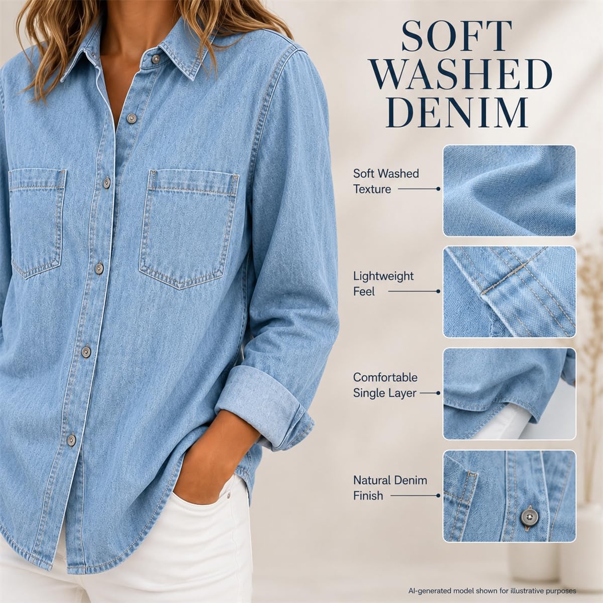Chemise Jean Femme Manches Longues Coupe Ample Boutonnée avec Poches