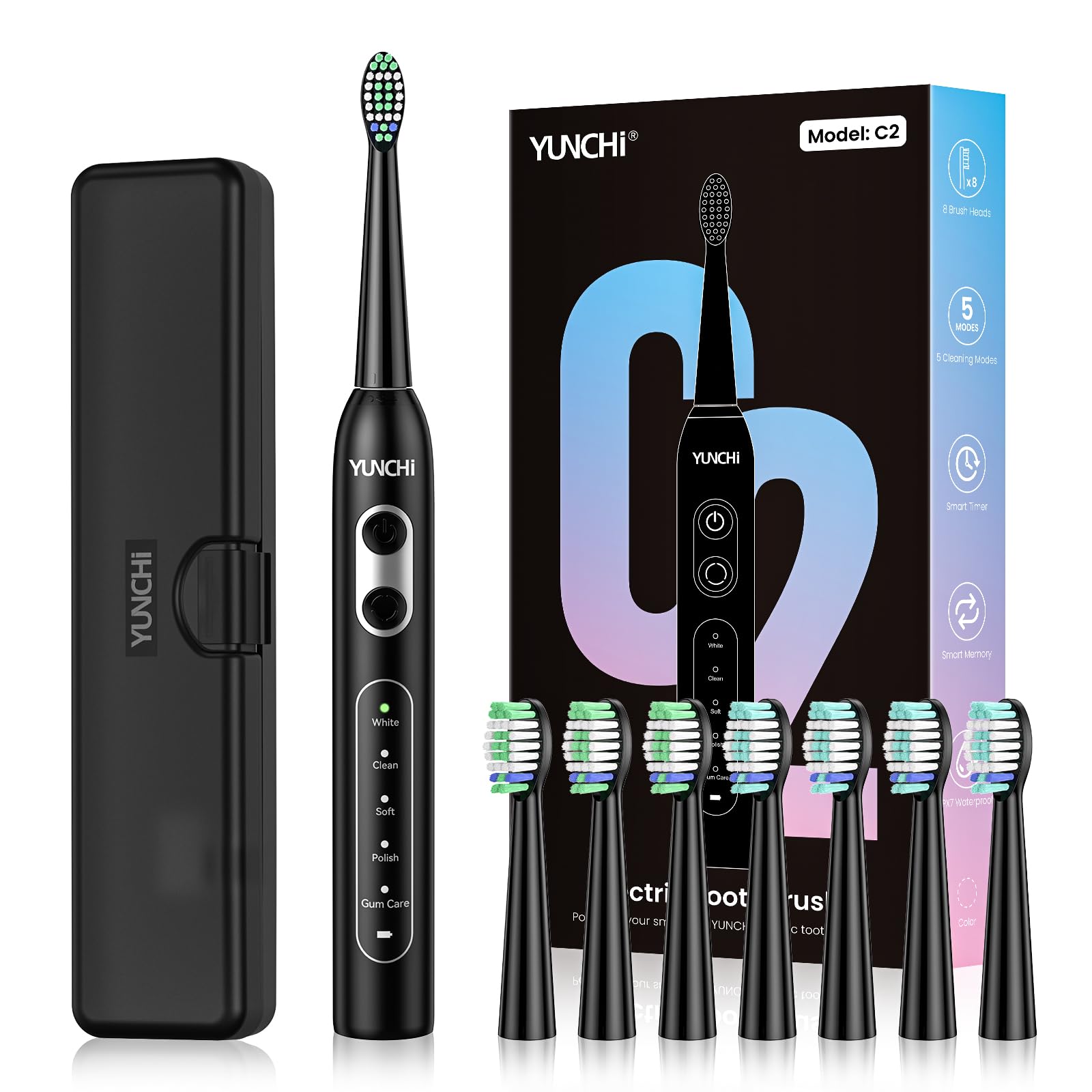 YUNCHI C2 Electric Toothbrush for Adults and Kids, USB-C Rechargeable Sonic Toothbrush with 5 Modes and 2 Minutes Timer, Soft Bristles 8 Brush Heads and Travel Case, Black-image-18