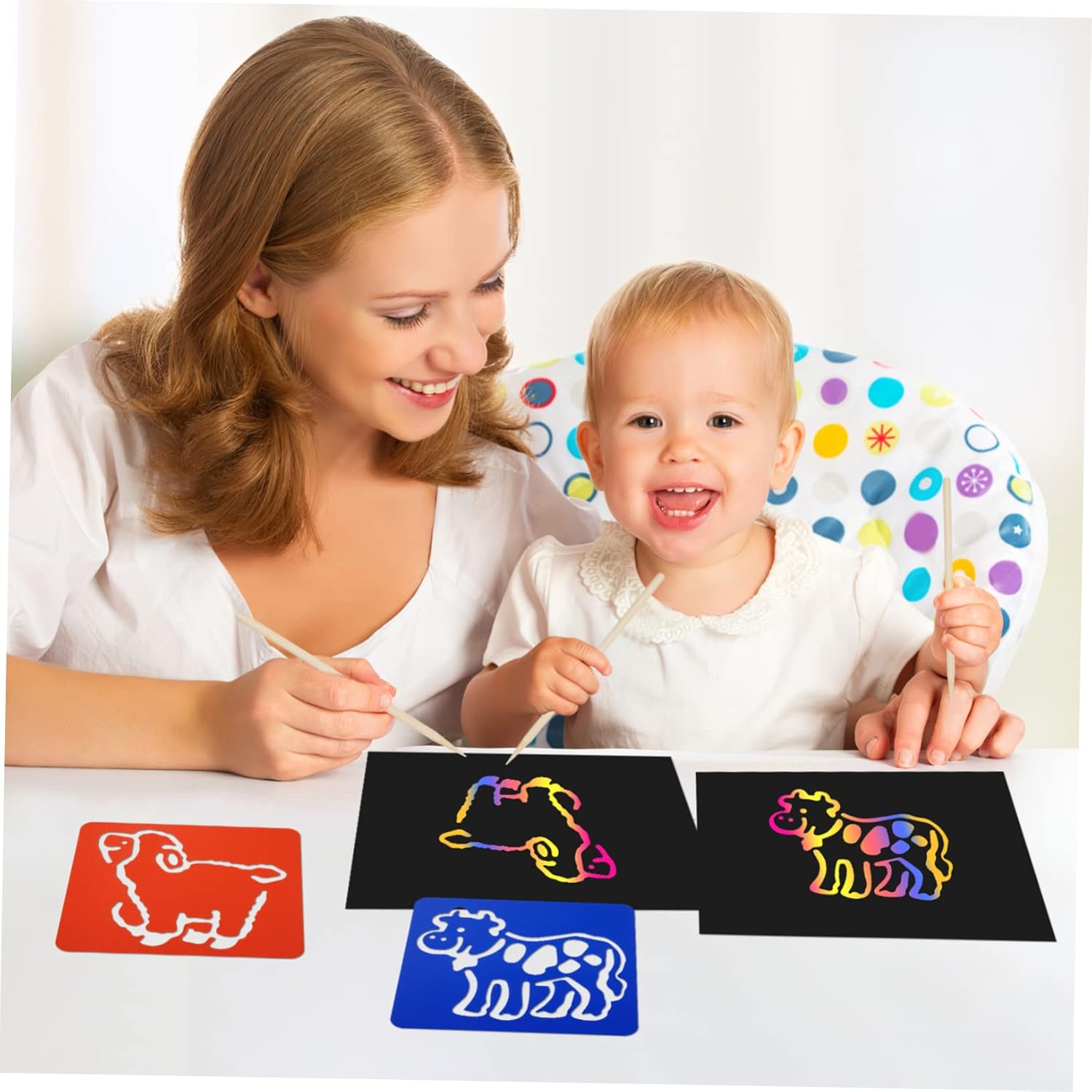 Scratch Painting Paper Set for Boys and Girls 50 Rainbow Scratch Off Sheets 5 Stylus Pens and Drawing Templates Creative DIY Art Supplies for Craft Projects and Fun Activities