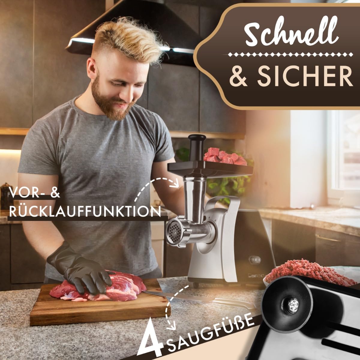 Clatronic® Fleischwolf 1000W Mit Aufsatz für Plätzchen & Spritzgebäck | 3 Metall-Scheiben | Vor-/Rücklauf | Wurstfüller | Metall-Hals u. Schnecke | FW 3803