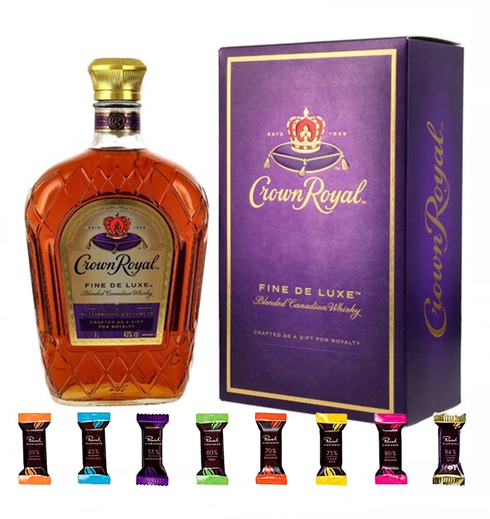 Crown Royal Canadian Whisky + 8 Edelschokoladen 8 Sorten Genießer Set Männergeschenke Whisky mit Schokolade genießen Geschenk idee
