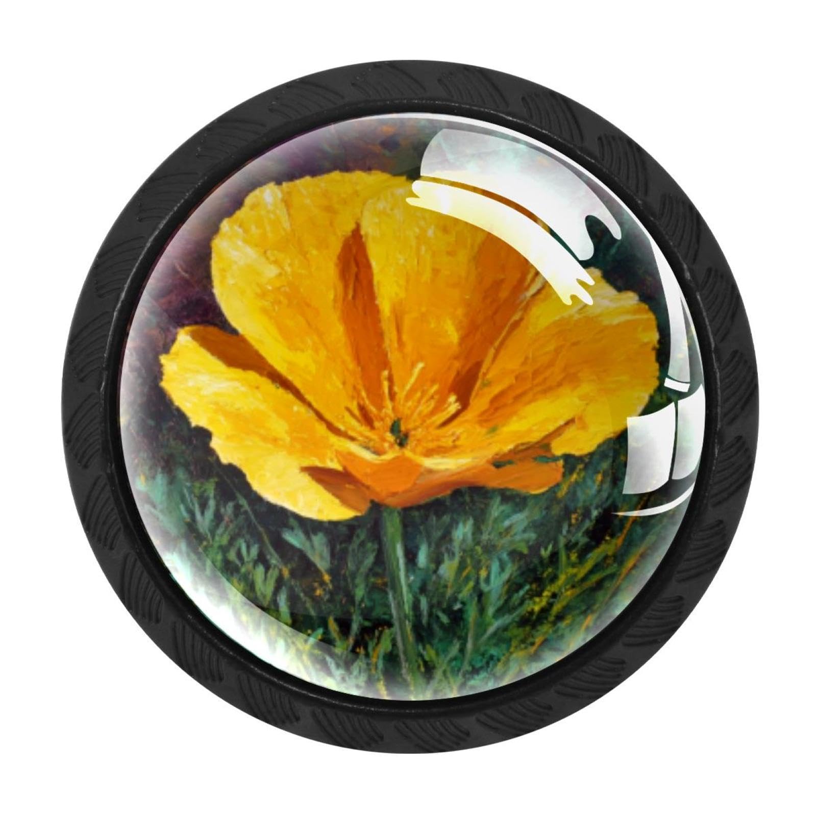 CHENZZZZ 4 Pack Yellow California Poppy Painting Dresser Drawer Cabinet Knobs Round Crystal Glass Knobs Pulls Handles for Kitchen Wardrobe Cupboard Door Hardware