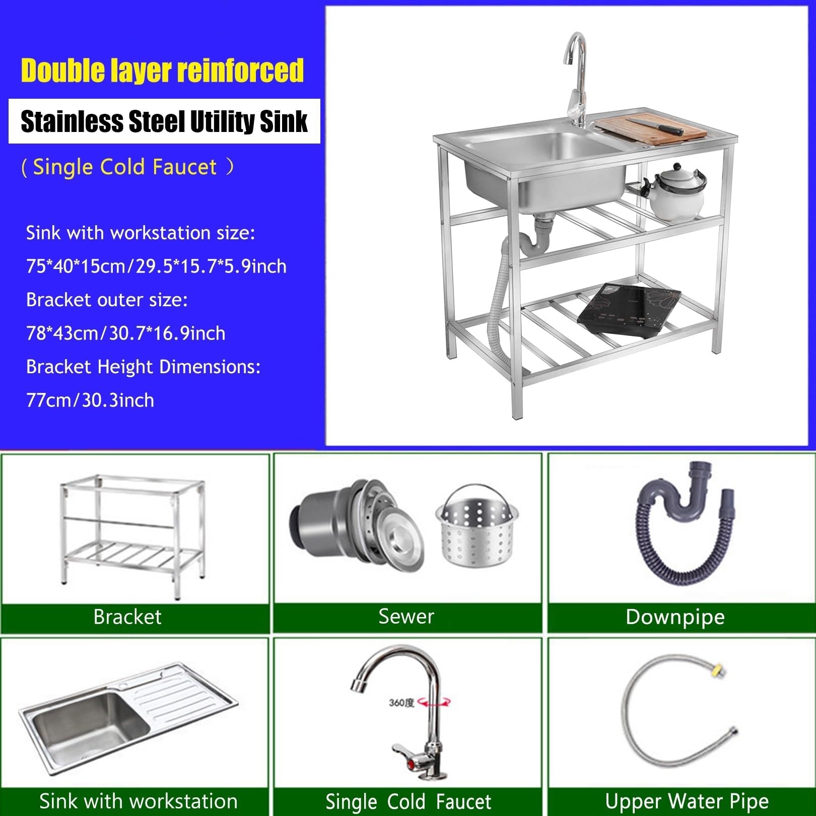 Évier De Cuisine Avec Établi Et Robinet Chaud/Froid - Évier Utilitaire Inox Pour Jardin, Restaurant, Garage