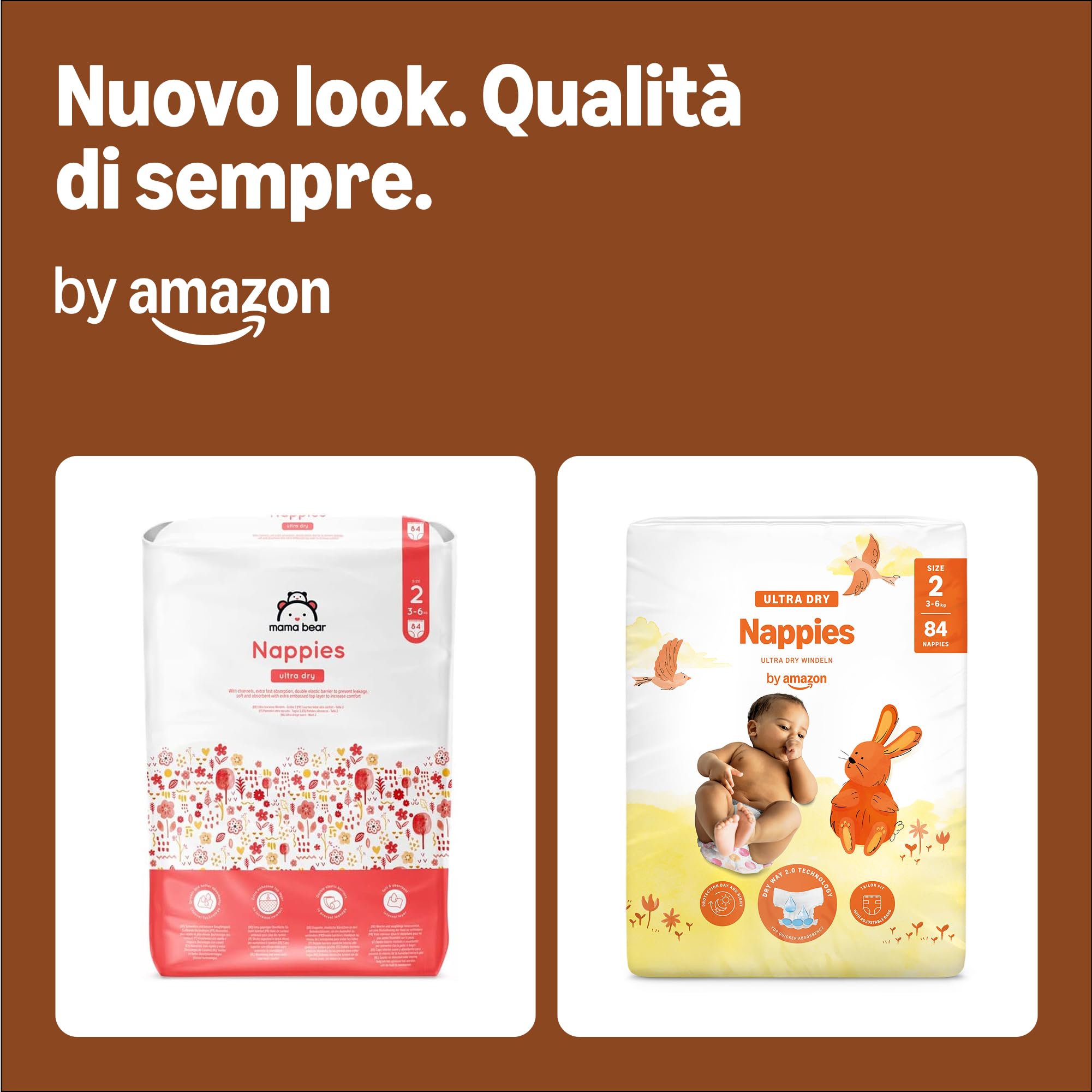 by Amazon Ultra Dry Nappies - Taglia 2 (3-6kg) - con Canali - 168 Pannolini (2 Confezioni da 84) (Stesso Prodotto Commercializzato in Precedenza con il Marchio Mama Bear)