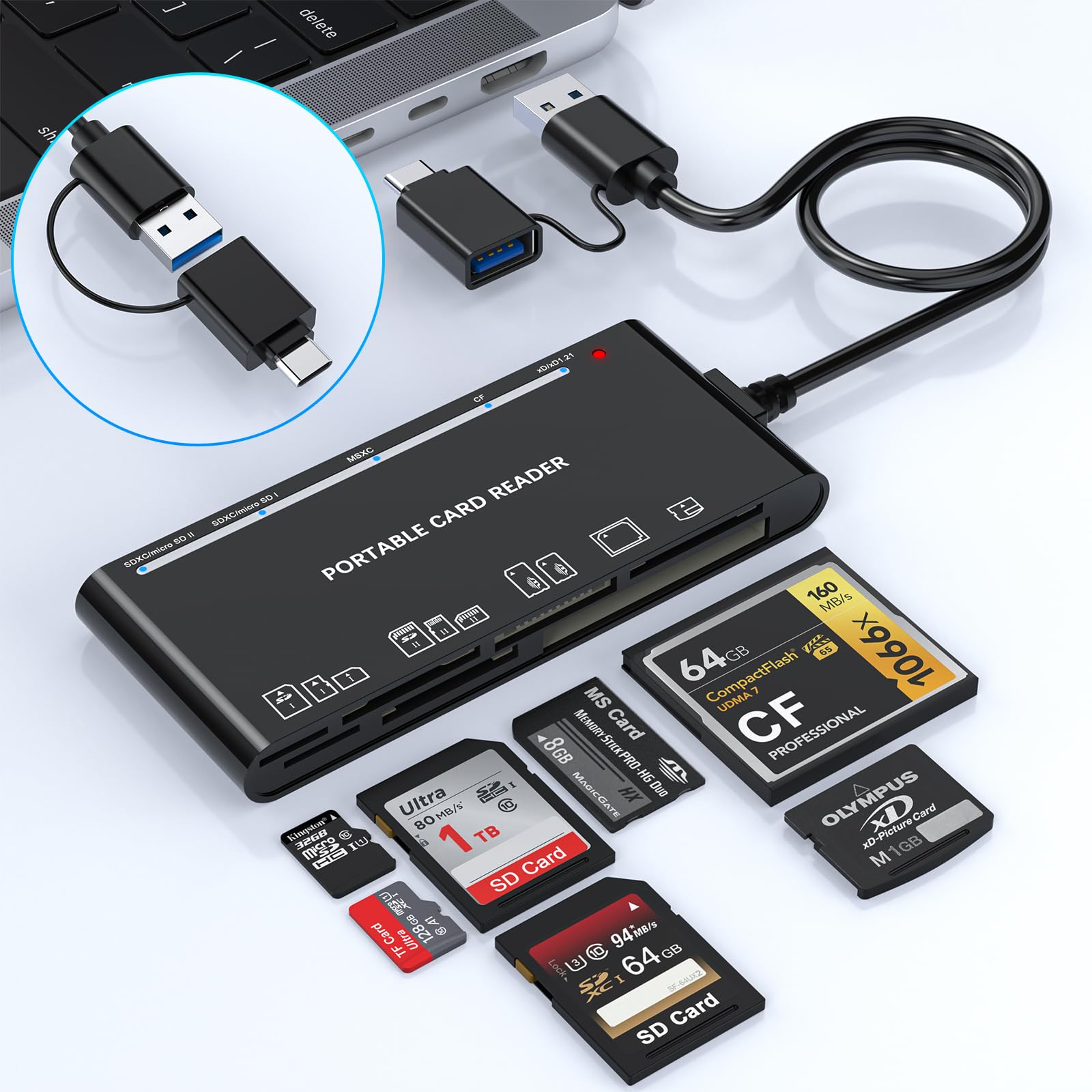 Lecteur Carte Mémoire 7 En 2 USB-C & USB 3.0 - Adaptateur Pour SD Micro SD TF CF XD MS Jusqu'à 2To | Transfert Rapide 5Gbps Pour MacBook IPad Galaxy