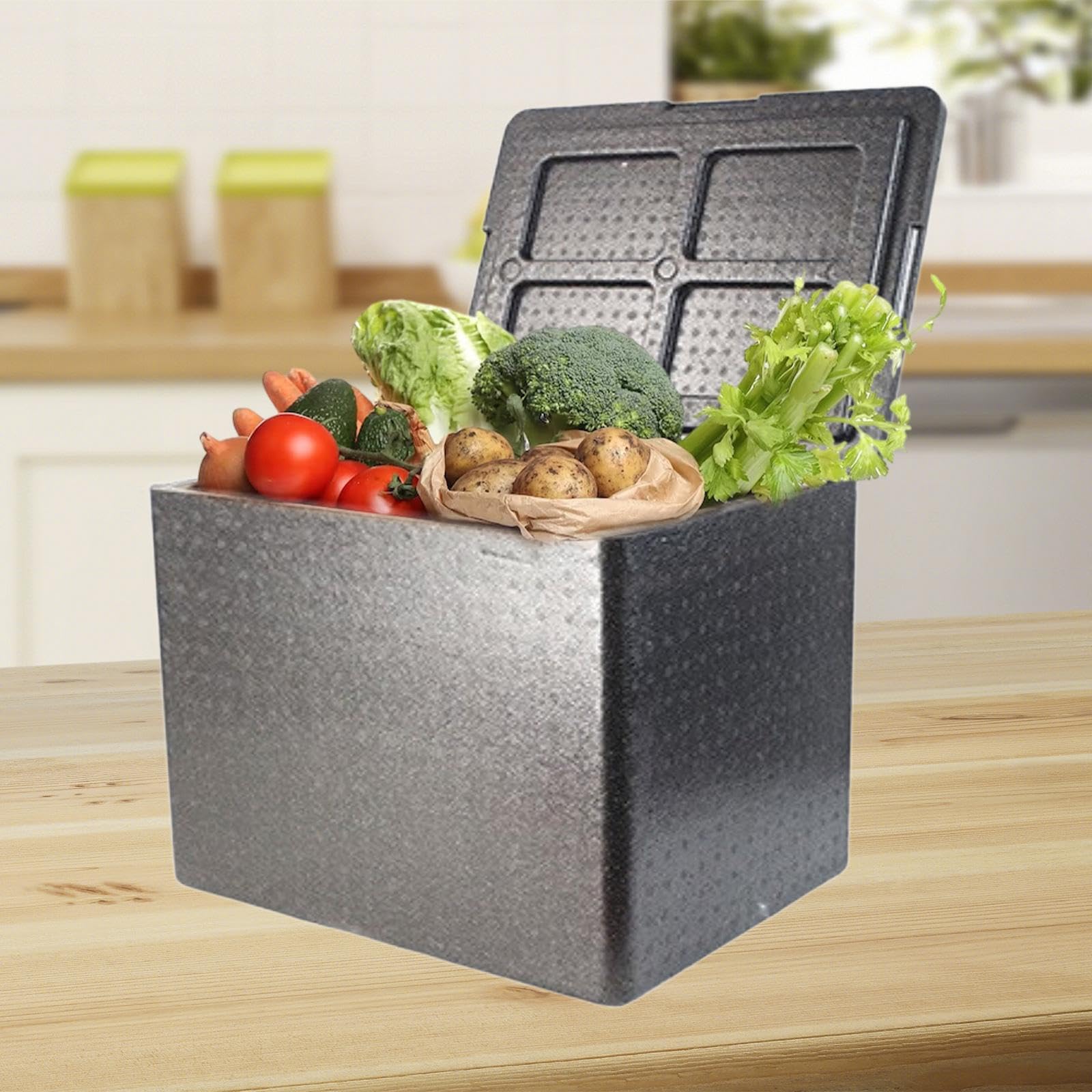 Caja isotérmica para alimentos frescos, ideal para mantener la comida caliente o fría. Perfecta para viajes en barco y acampadas. Fabricada en EPP, Negro, 43 litros