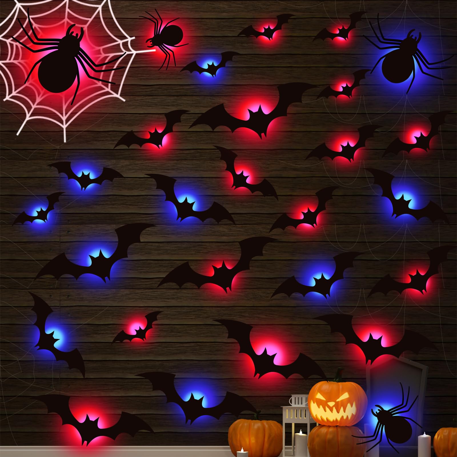 24PCS Halloween Decoration LED Bats Wall Decor,3D Bats Spiders Sticker Light Halloween Decor Indoor,8 Sizes Waterproof Glowing Bat Spider for Wall Window Car Home Bathroom Party Decor