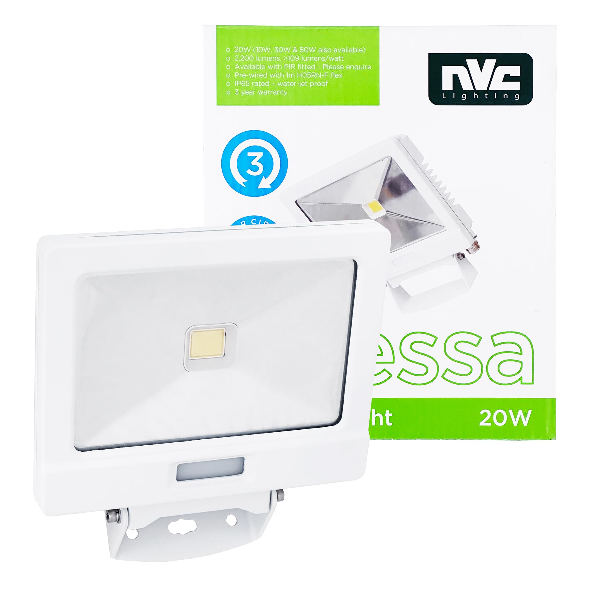 NVC 20W LED Floodlight White, 4000K Cool White, IP65 Outdoor Security Light, 2200lm, Die-Cast Aluminium, Pre-Wired 1m Flex, Non-PIR, Odessa NOD20/WH/840