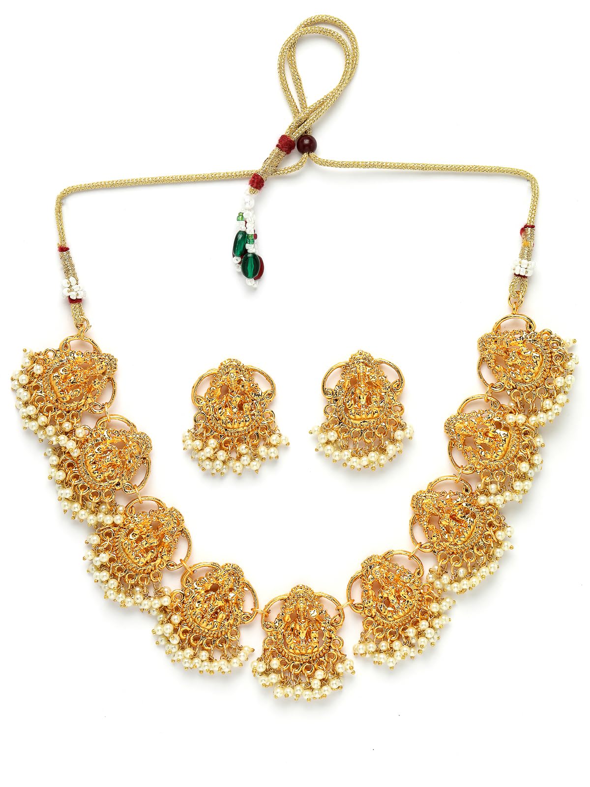 South Indian Temple Gold Plated White Beaded Collarbone Necklace Set with Studs Earrings|Jewellery Set for Women & Girls|NS106010